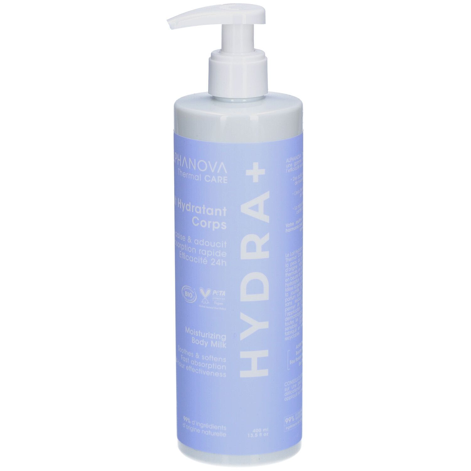 Fles met witte pomp. Opschrift: ALPHANOVA Thermal Care, Hydra+, Lait Hydratant Corps. Vegan keurmerk.