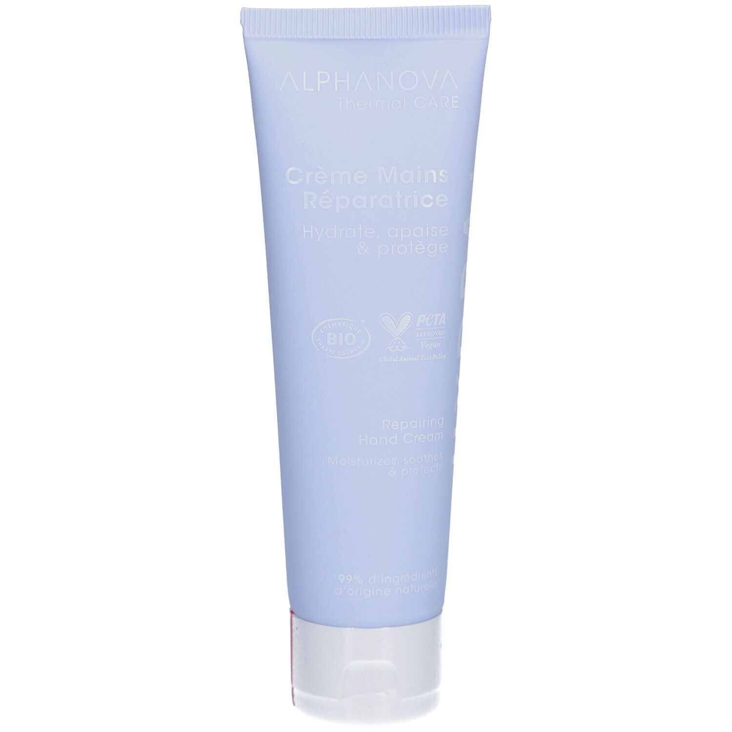 Lichtblauwe tube met witte dop. Opschrift: ALPHANOVA, Crème Mains Réparatice. Bio-certificering en vegan logo.
