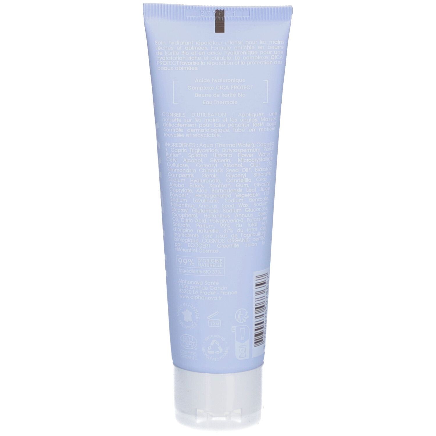 Achterkant van een lichtblauwe tube met witte dop. Tekst en symbolen. Bio-certificering en vegan logo.