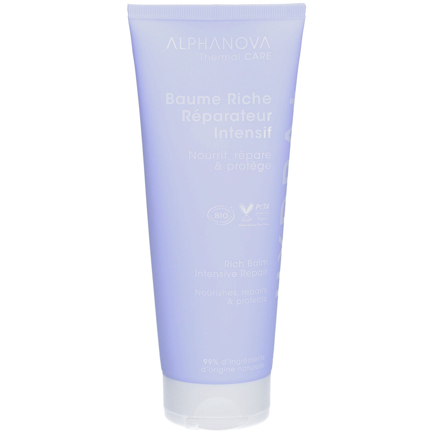 Tube lilas clair, bouchon blanc. Inscription: ALPHANOVA Thermal Care, Baume Riche Réparateur Intensif. Certification bio.