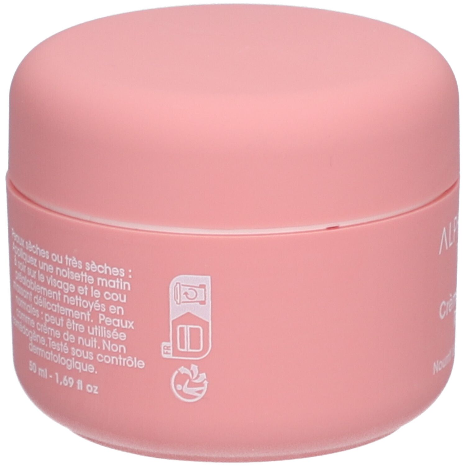 Roze pot. Opschrift: ALPHANOVA Thermal CARE Crème Anti-Rides Régénérante. Tekst en pictogrammen. 50 ml - 1,69 fl oz.