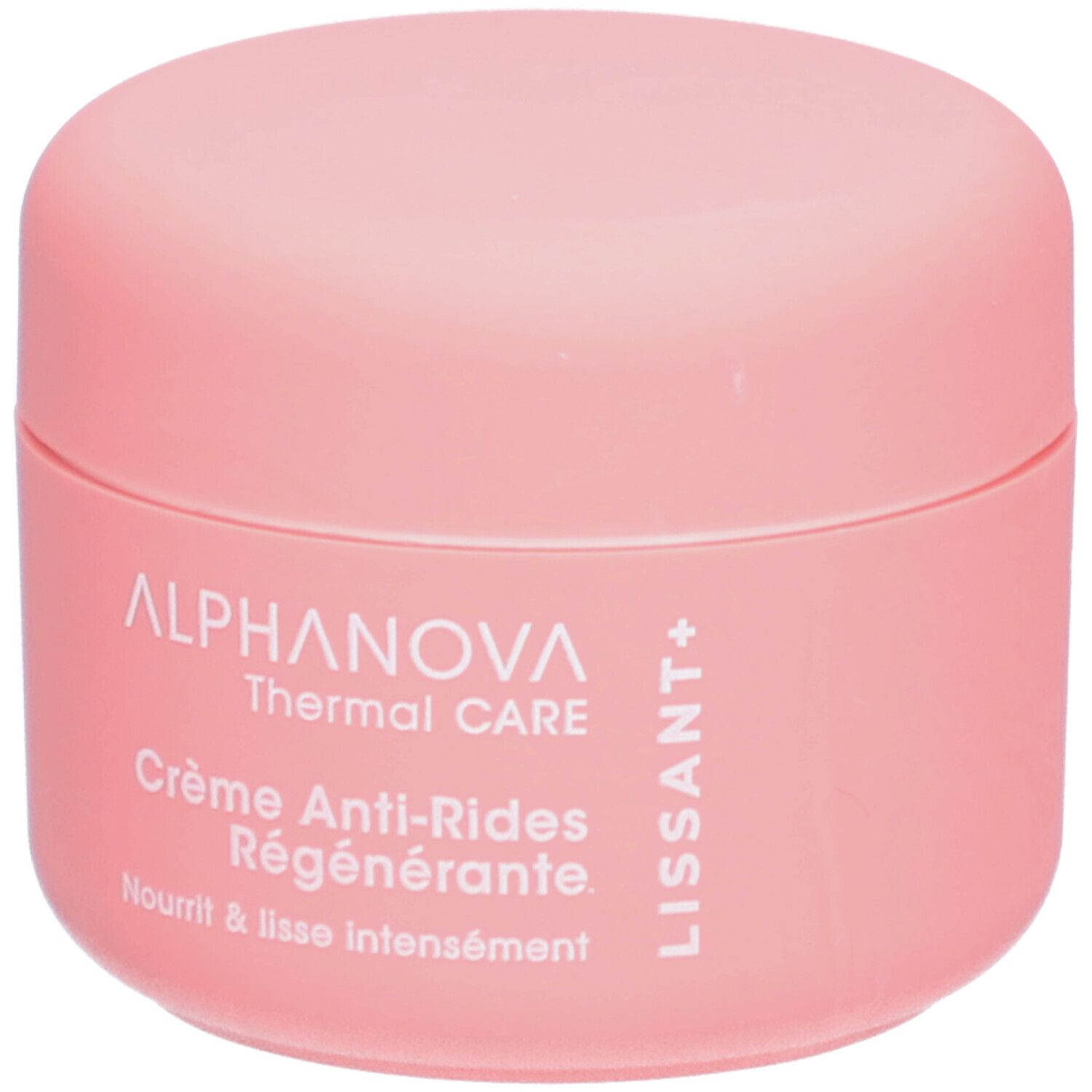 Roze pot met deksel. Opschrift: ALPHANOVA Thermal CARE Crème Anti-Rides Régénérante. Tekst: Nourrit & lisse intensément. LISSANT+.