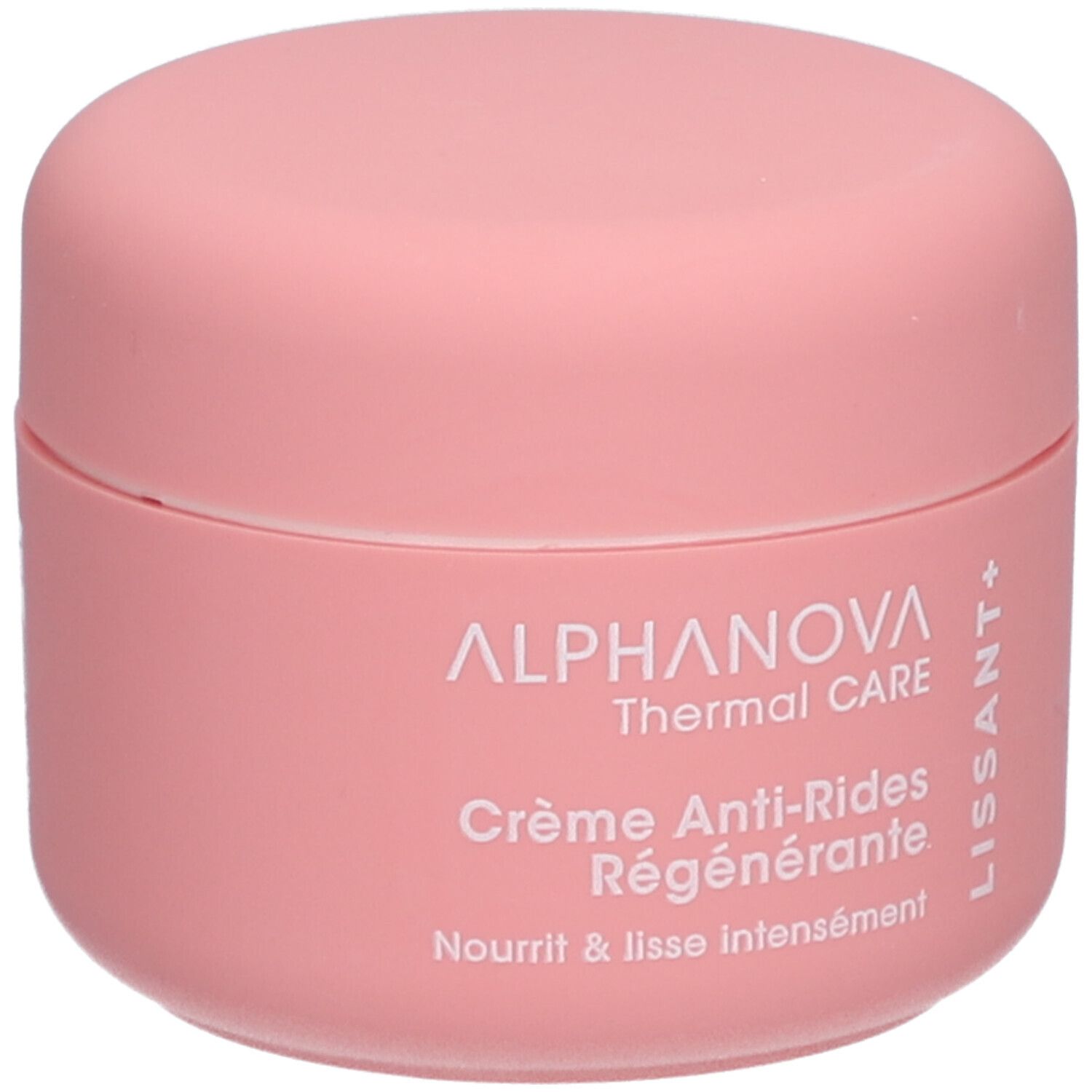 Roze pot met deksel. Opschrift: ALPHANOVA Thermal CARE Crème Anti-Rides Régénérante. Tekst: Nourrit & lisse intensément. LISSANT+.