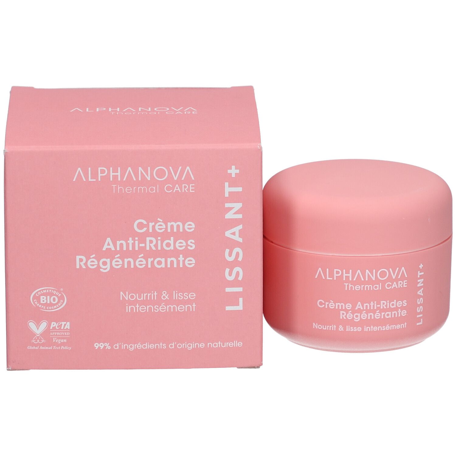 Roze doos en pot. Opschrift: ALPHANOVA Thermal CARE Crème Anti-Rides Régénérante. Tekst: Nourrit & lisse intensément. Bio.