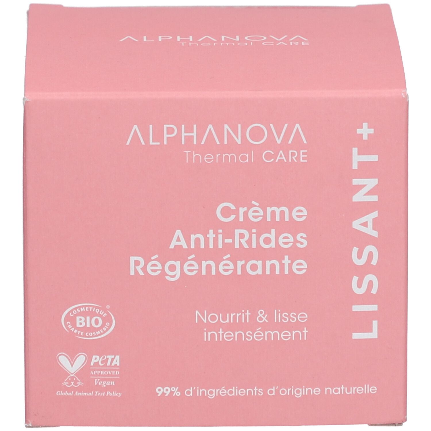 Roze doos. Opschrift: ALPHANOVA Thermal CARE Crème Anti-Rides Régénérante. Tekst: Nourrit & lisse intensément. Bio, Vegan.