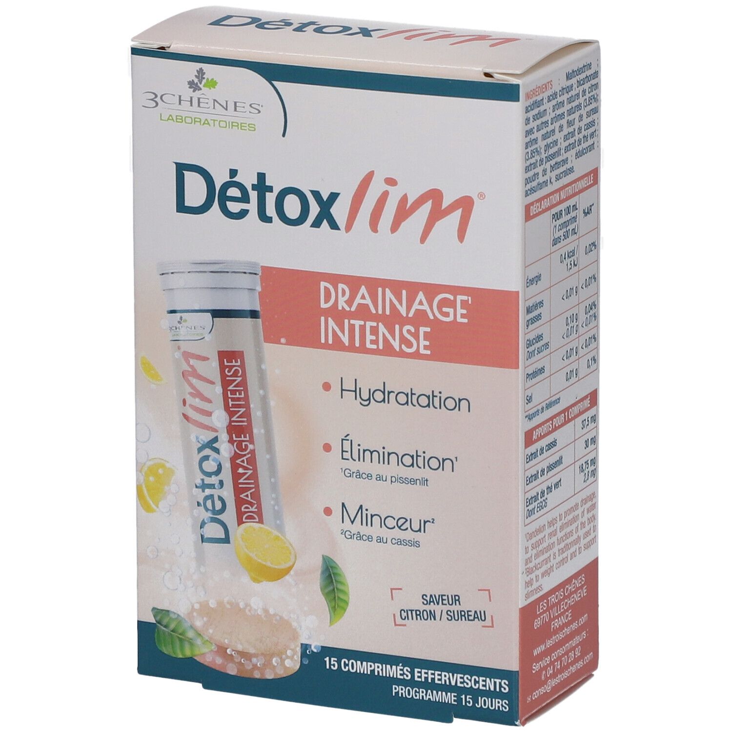 Boîte de comprimés effervescents 'Détoxlim Drainage Intense'. Inscriptions: 'Hydratation', 'Élimination', 'Minceur'. Saveur citron/sureau.