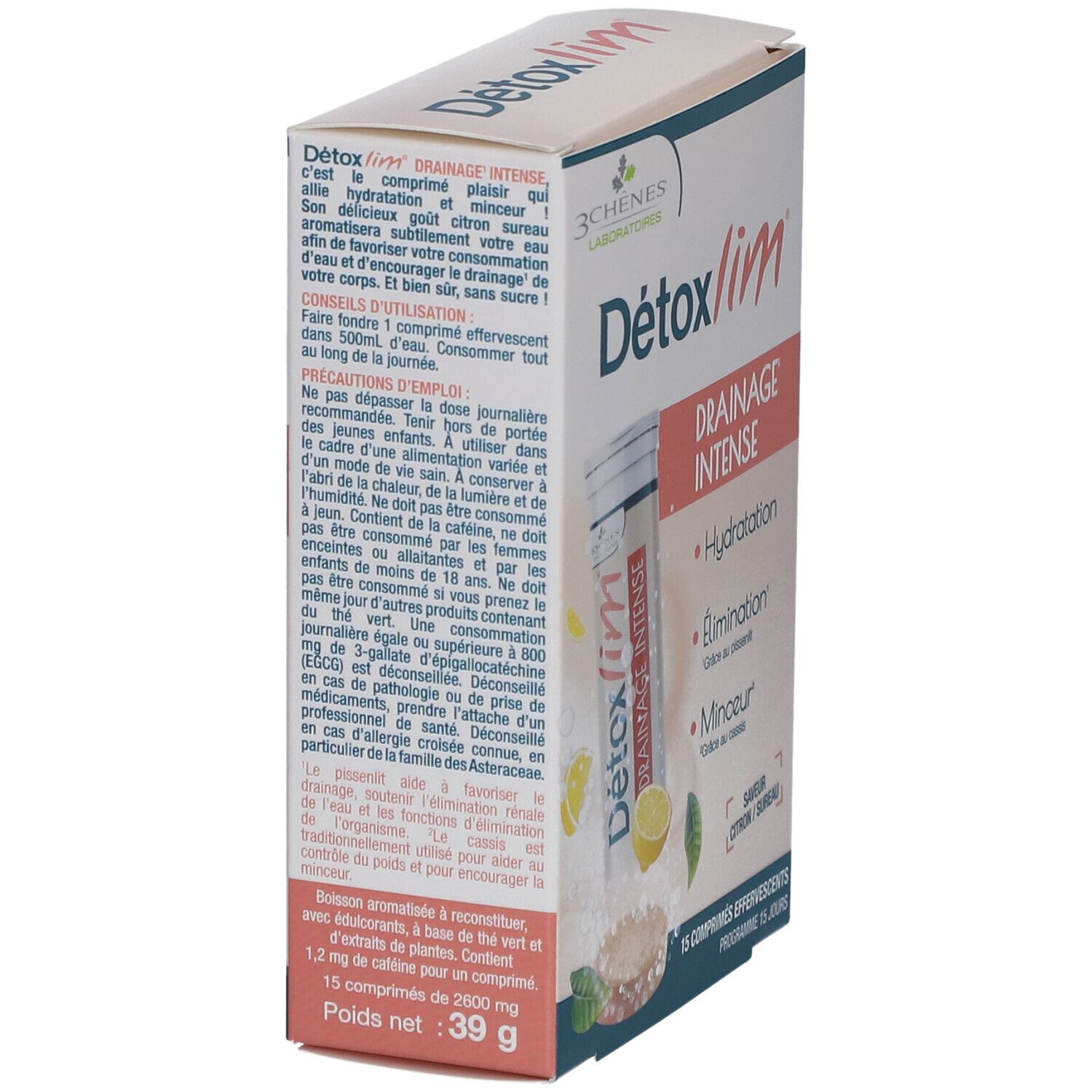 Boîte 'Détoxlim Drainage Intense'. Inscription: '3 Chênes Laboratoires'. Contient 15 comprimés effervescents. Informations produit au dos.