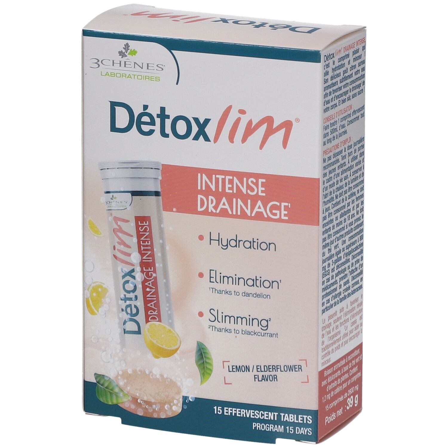 Boîte 'Détoxlim Drainage Intense'. Inscription: 'Intense Drainage'. Contient 15 comprimés effervescents. Saveur citron/fleur de sureau.