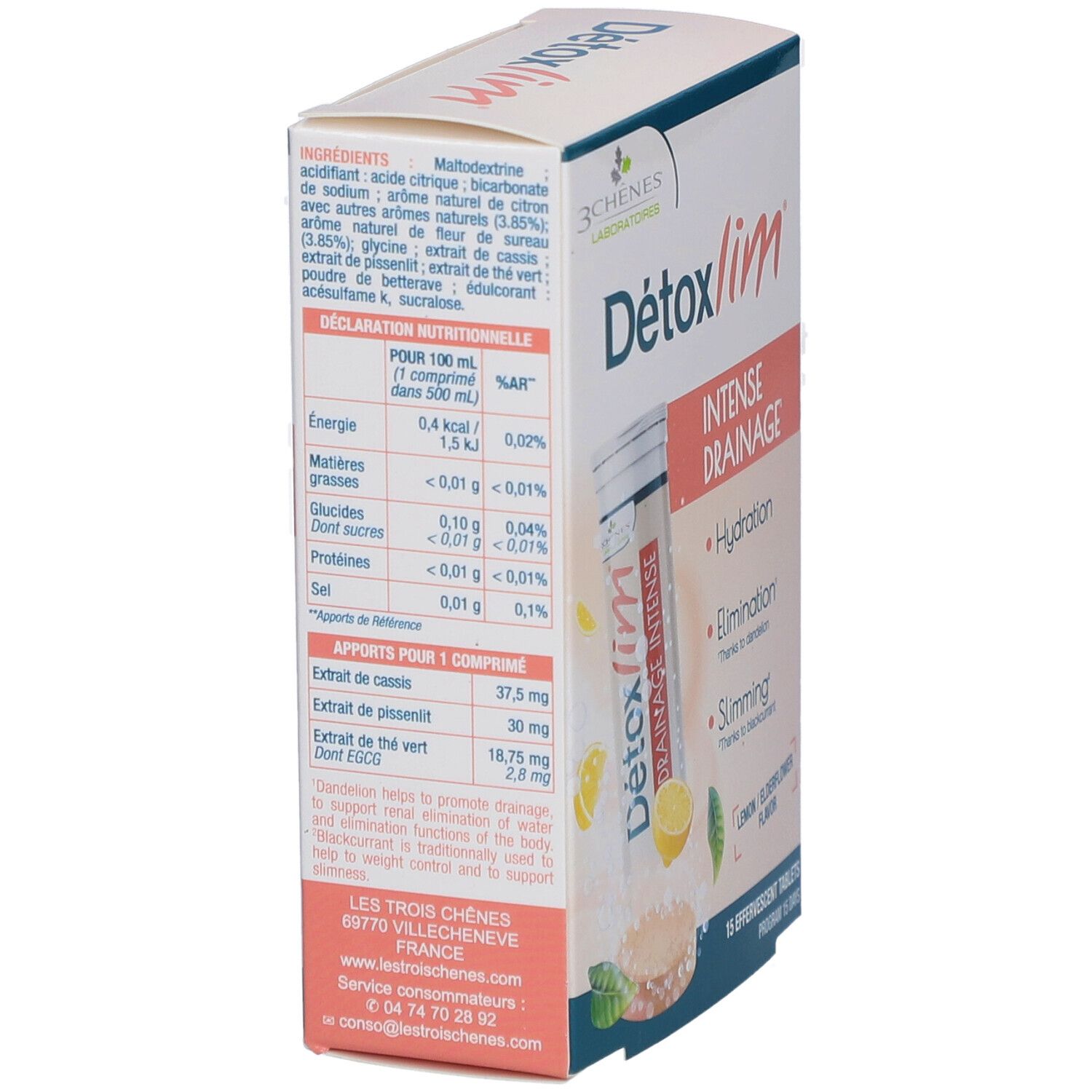Boîte 'Détoxlim Drainage Intense'. Ingrédients et informations nutritionnelles au dos. '3 Chênes Laboratoires'.