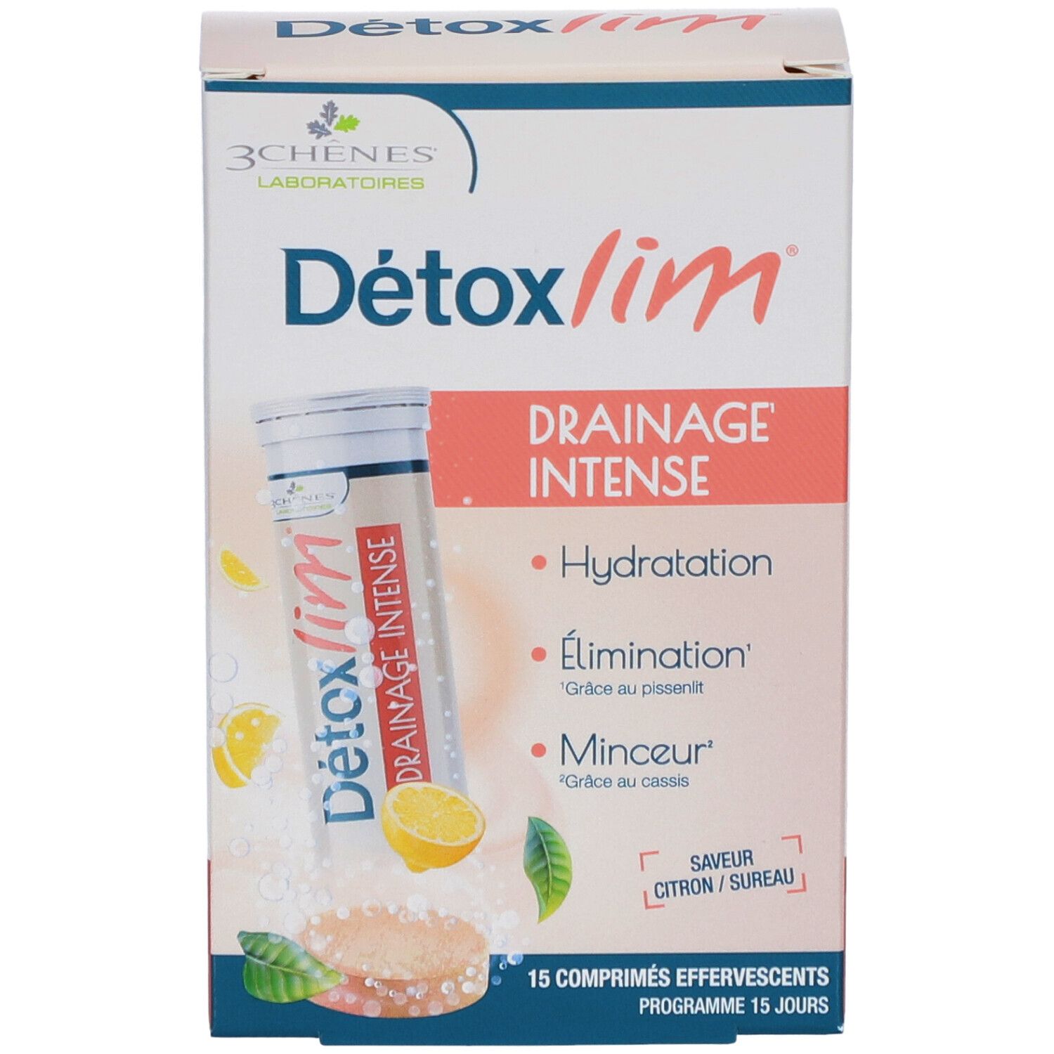 Boîte 'Détoxlim Drainage Intense'. Inscriptions: 'Hydratation', 'Élimination', 'Minceur'. Saveur citron/sureau. 15 comprimés effervescents.