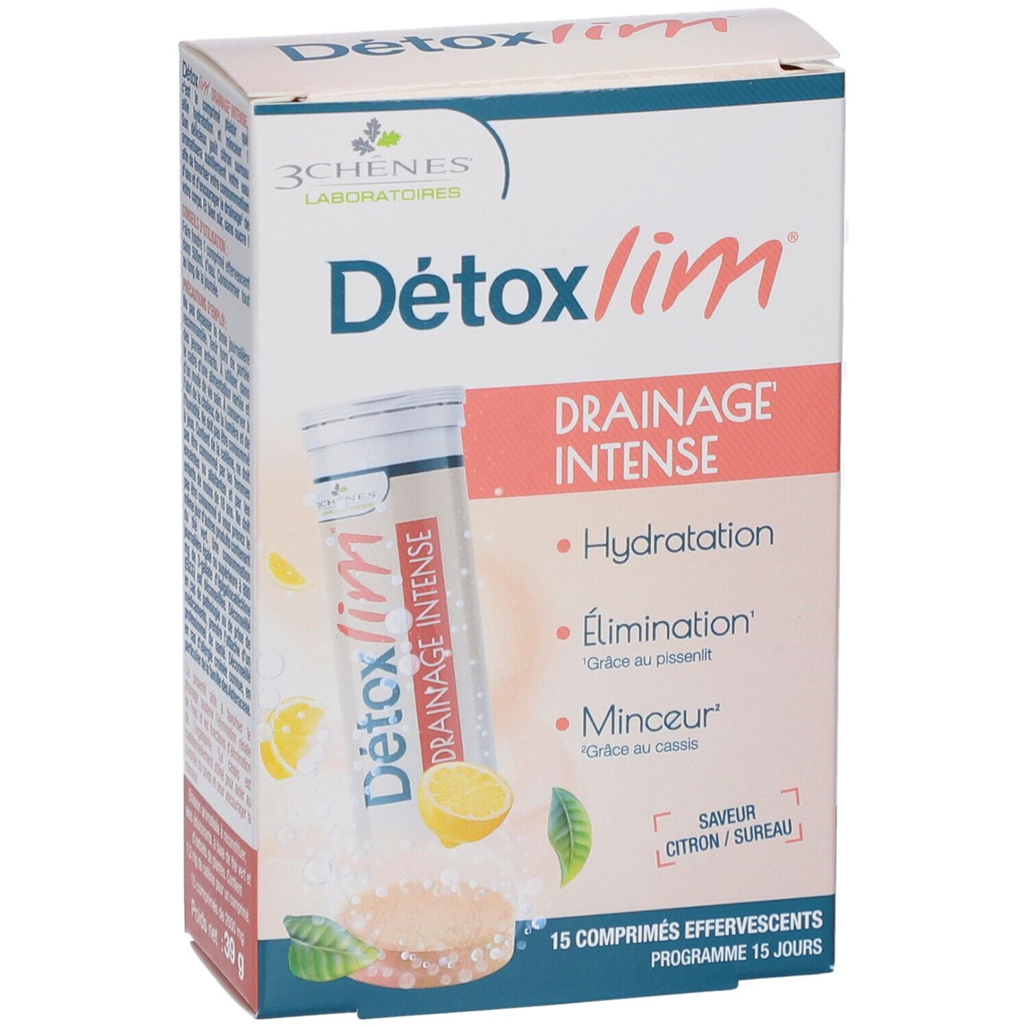Boîte 'Détoxlim Drainage Intense'. Inscriptions: 'Hydratation', 'Élimination', 'Minceur'. Saveur citron/sureau. 15 comprimés effervescents.