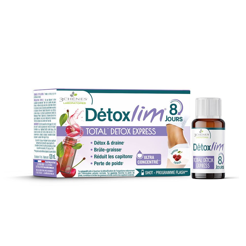Les 3 Chênes Detoxlim. Flacon et boîte. Goût cerise. Cure 8 jours. Total Detox Express. Drainant.