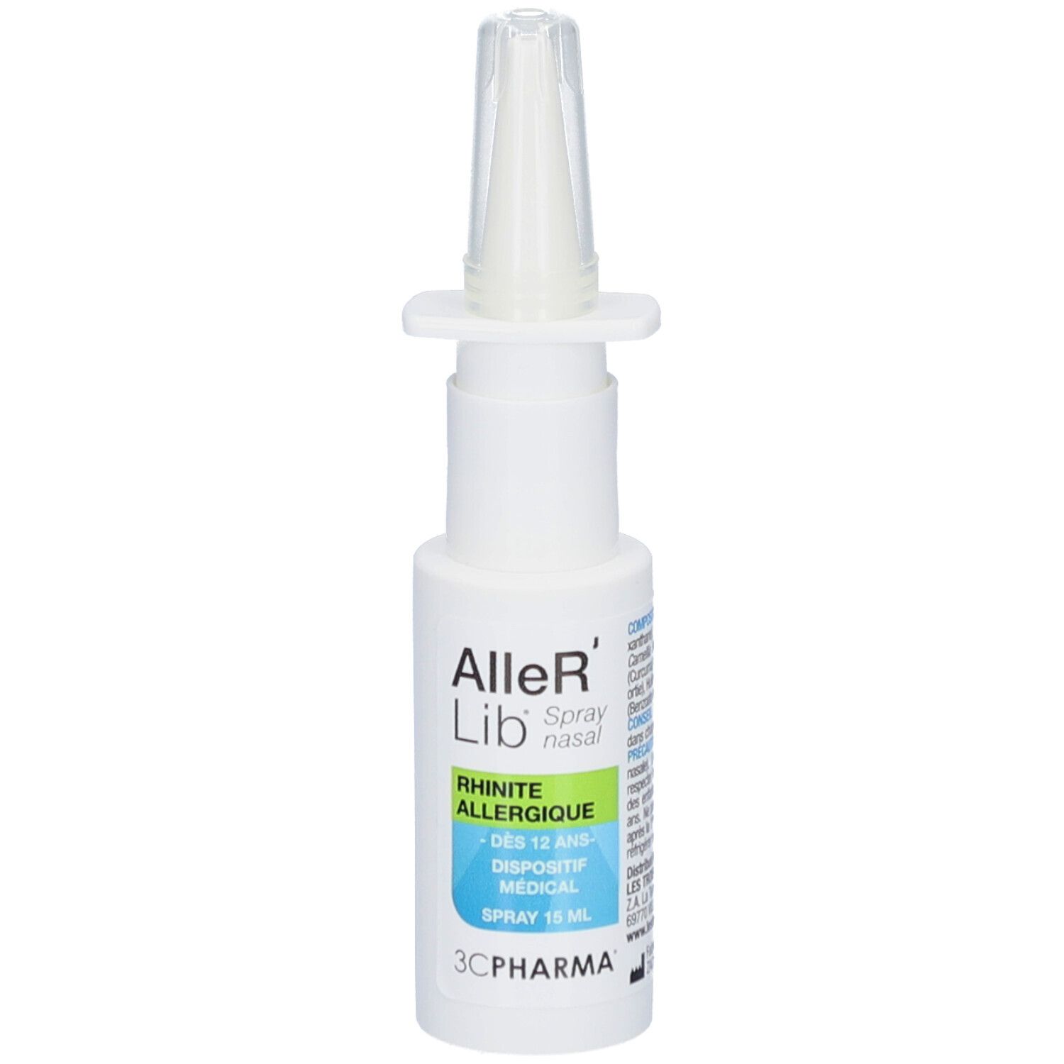 Flacon de spray nasal blanc avec embout. Texte: Aller'Lib, Spray nasal, Rhinite allergique, Dispositif médical. 3C Pharma.