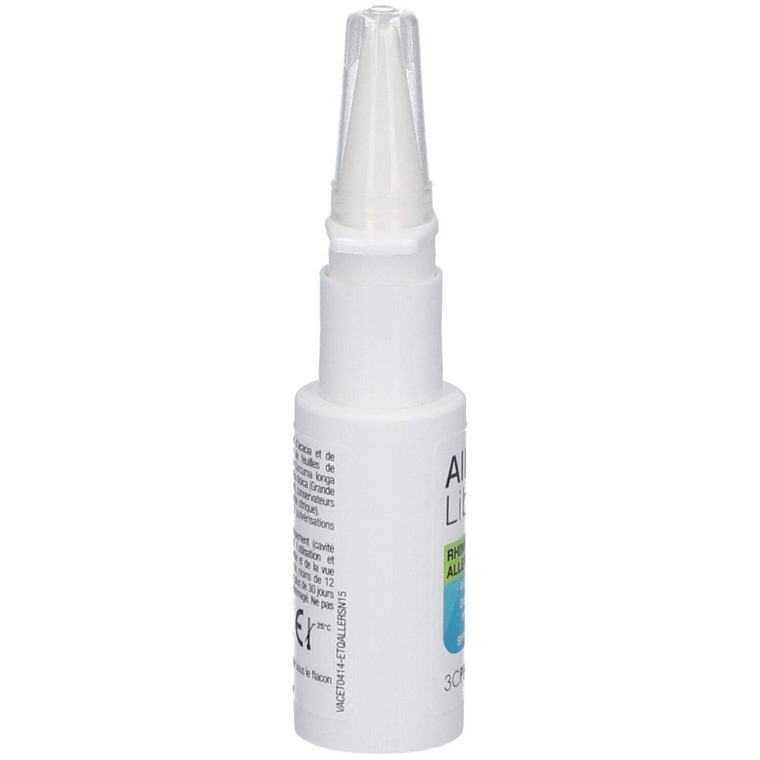 Flacon de spray nasal blanc avec embout. Inscription: Aller'Lib, Spray nasal, Rhinite allergique, Dispositif médical. 3C Pharma.