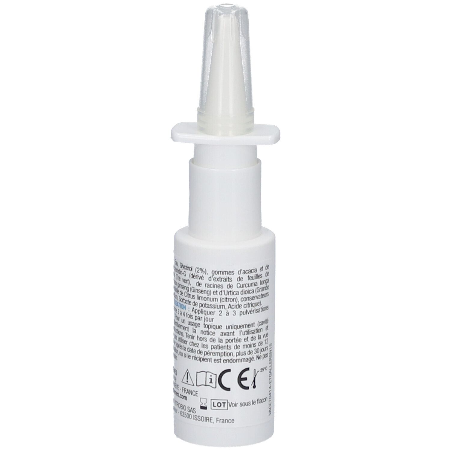 Flacon de spray nasal blanc avec embout. Verso avec texte. Marquage CE. 3C Pharma.