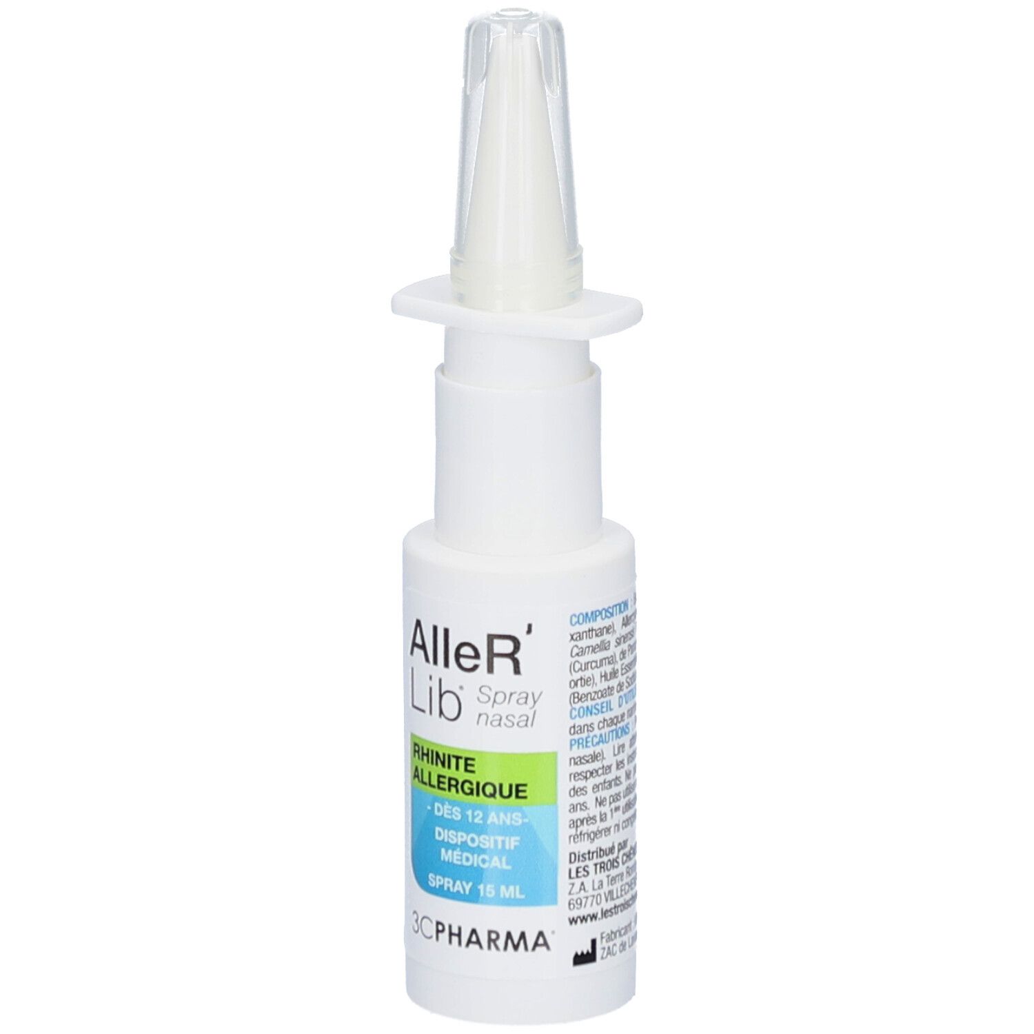Flacon de spray nasal blanc avec embout. Texte: Aller'Lib, Spray nasal, Rhinite allergique, Dispositif médical. 3C Pharma.