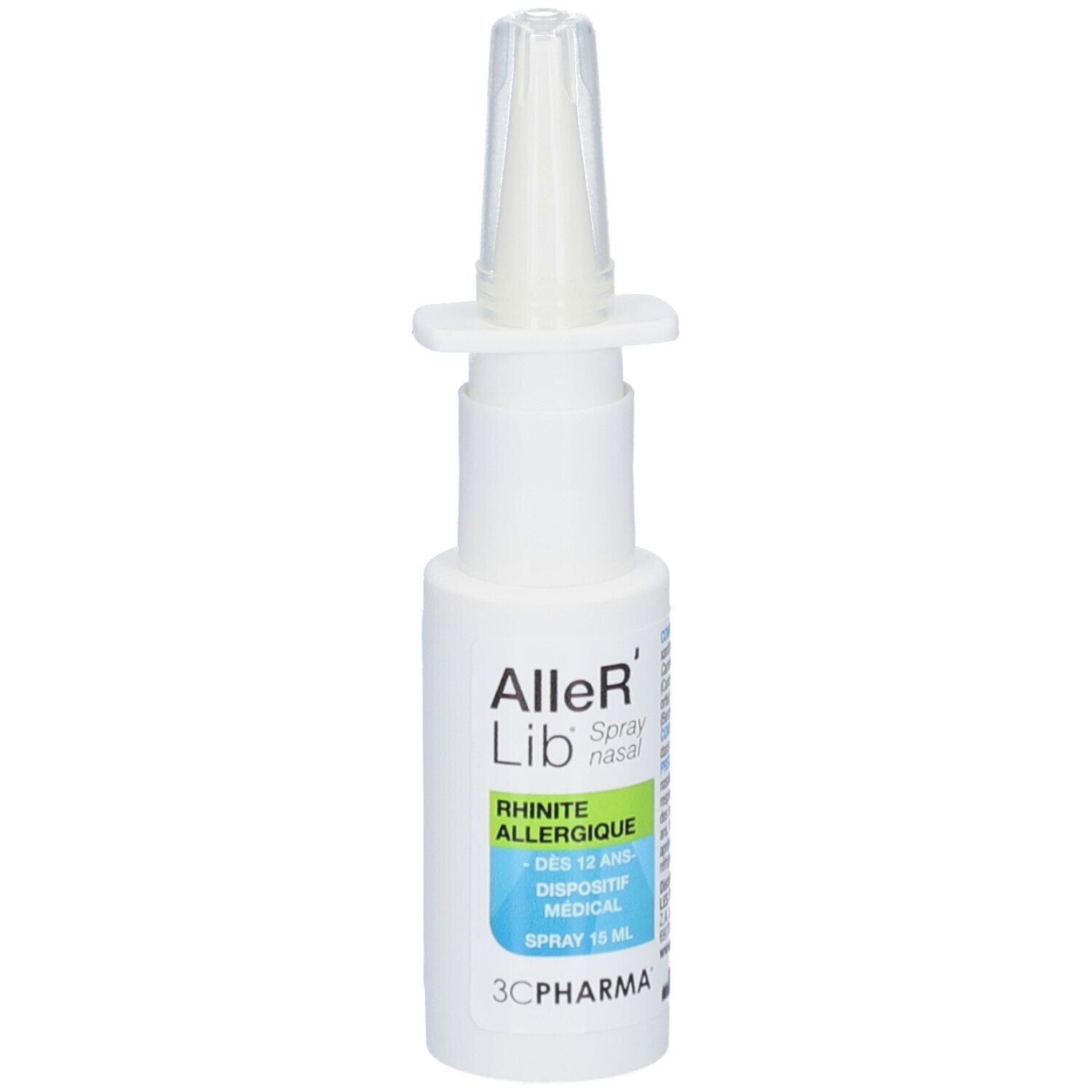 Flacon de spray nasal blanc avec embout. Texte: Aller'Lib, Spray nasal, Rhinite allergique, Dispositif médical. 3C Pharma.