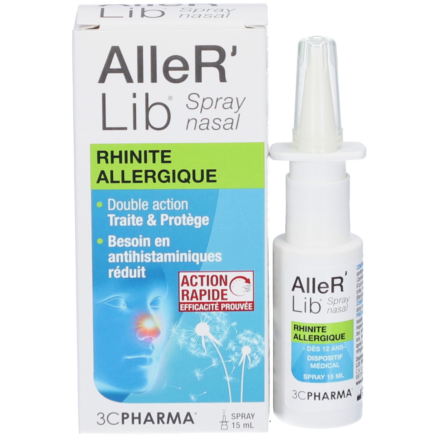 Emballage du produit avec flacon de spray nasal. Texte: Aller'Lib, Spray nasal, Rhinite allergique. 3C Pharma. Avec illustration.