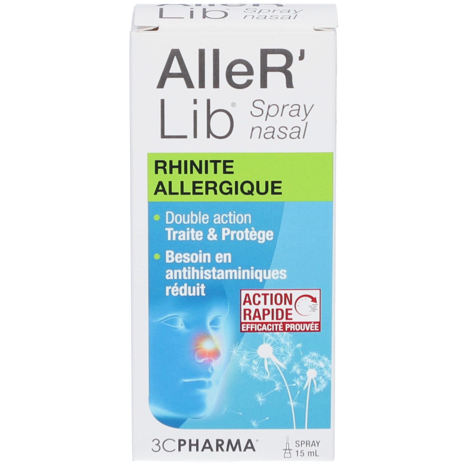 Emballage du produit. Texte: Aller'Lib, Spray nasal, Rhinite allergique. 3C Pharma. Avec illustration.