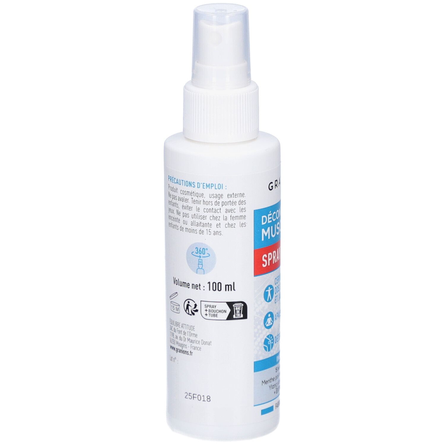 Witte sprayfles. Tekst: Décontractant Musculaire Spray Apaisant. Achterkant met informatie. Volume: 100 ml.