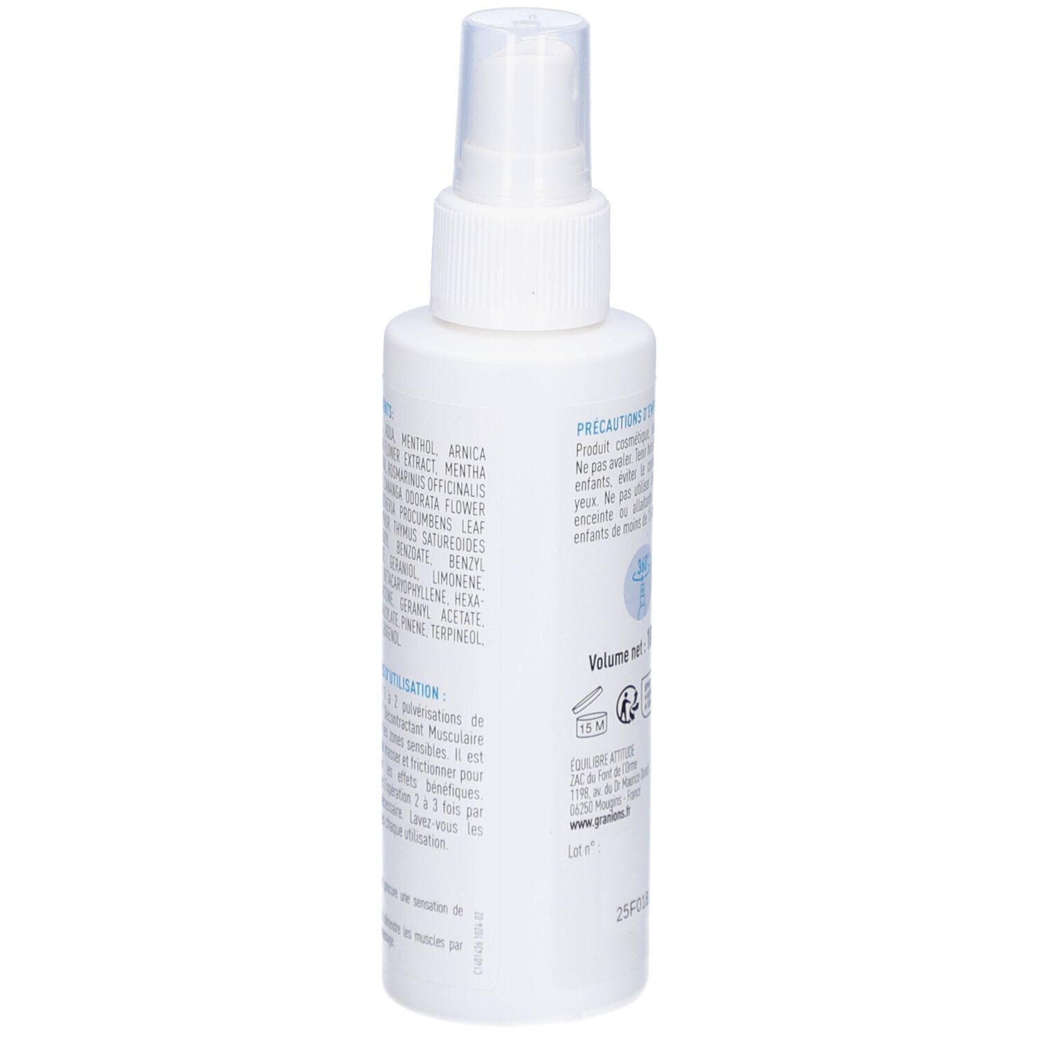 Witte sprayfles. Achterkant met ingrediënten en gebruiksaanwijzing. Tekst: Décontractant Musculaire Spray Apaisant.
