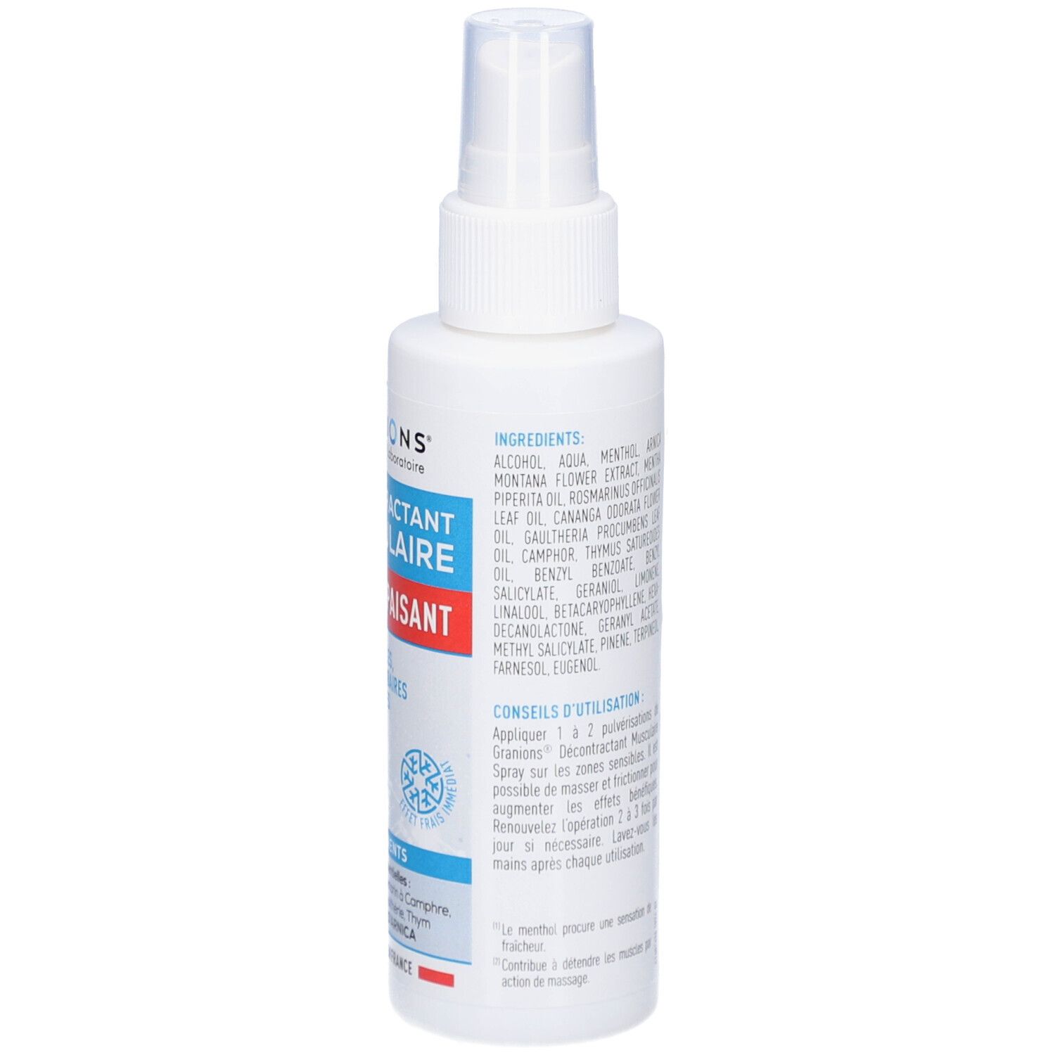 Witte sprayfles. Achterkant met ingrediënten en gebruiksaanwijzing. Tekst: Décontractant Musculaire Spray Apaisant.
