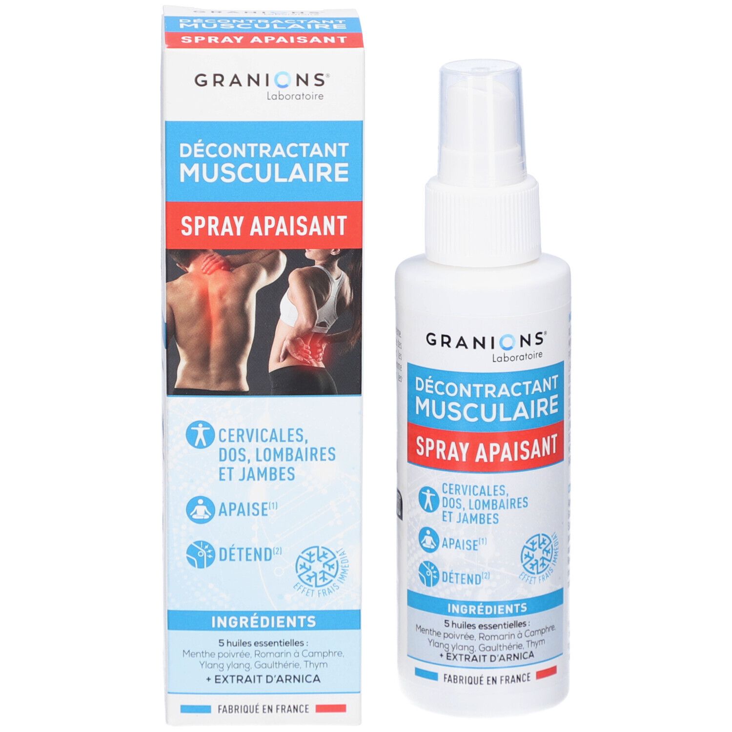 Product met verpakking. Witte sprayfles en doos. Tekst: Décontractant Musculaire Spray Apaisant. Bevat essentiële oliën.
