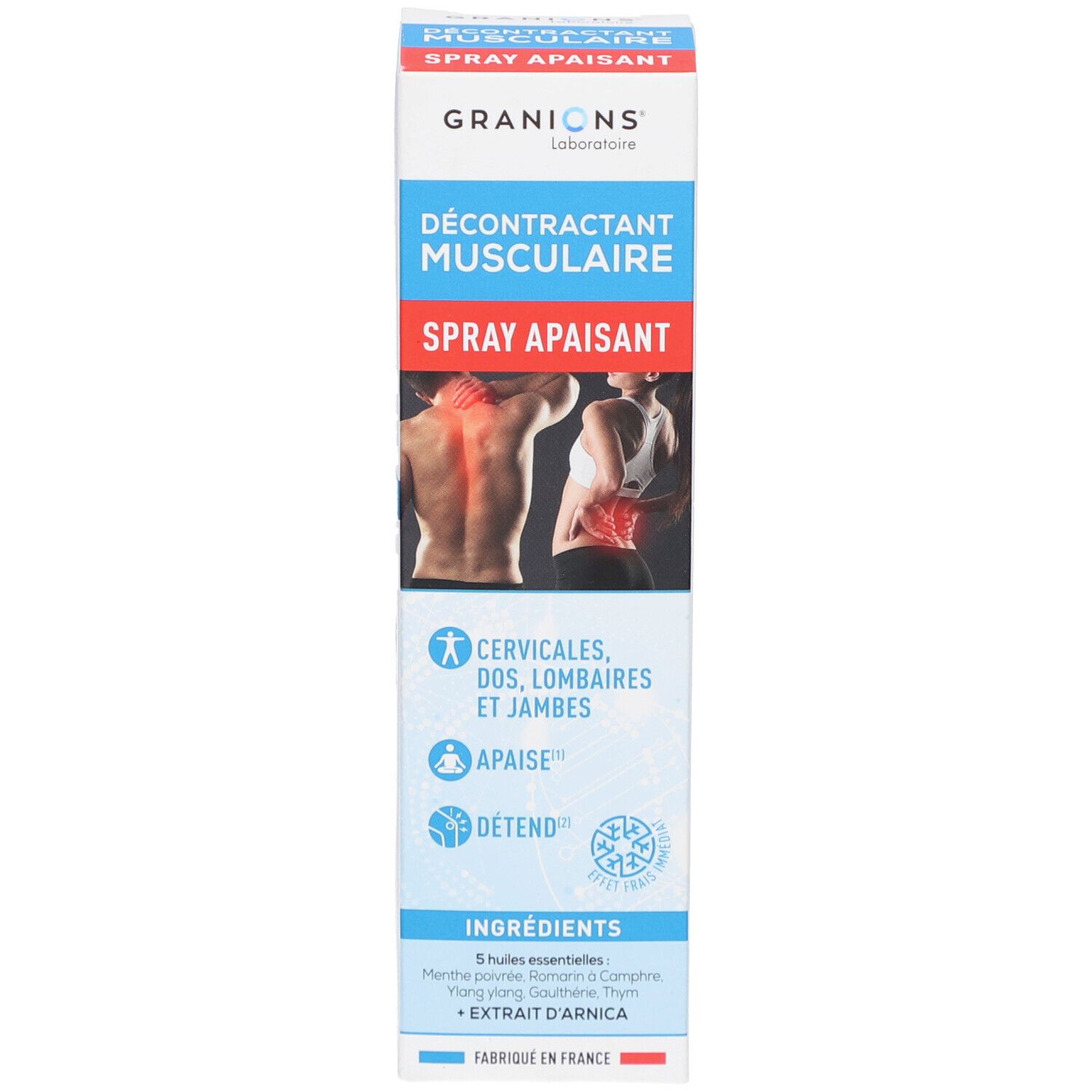 Productverpakking. Doos met tekst: Décontractant Musculaire Spray Apaisant. Bevat essentiële oliën. Illustratie: rug.