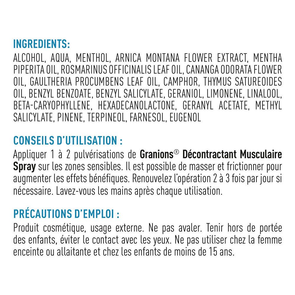 Texte avec ingrédients, conseils d'utilisation et précautions d'emploi du produit. Pour usage externe uniquement.