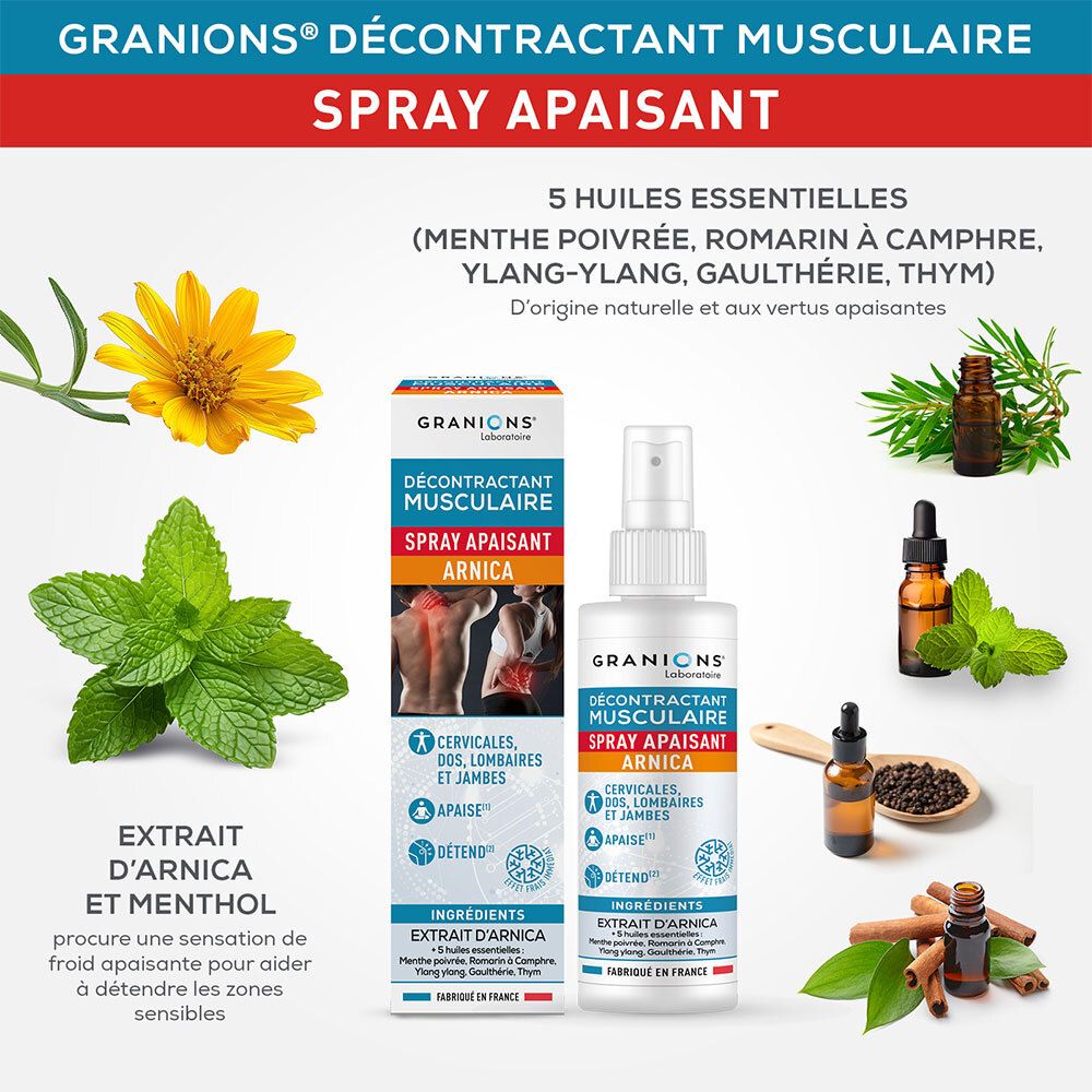 Flacon spray et boîte. Inscription : Décontractant Musculaire Spray Apaisant. Avec 5 huiles essentielles. Avec Arnica.