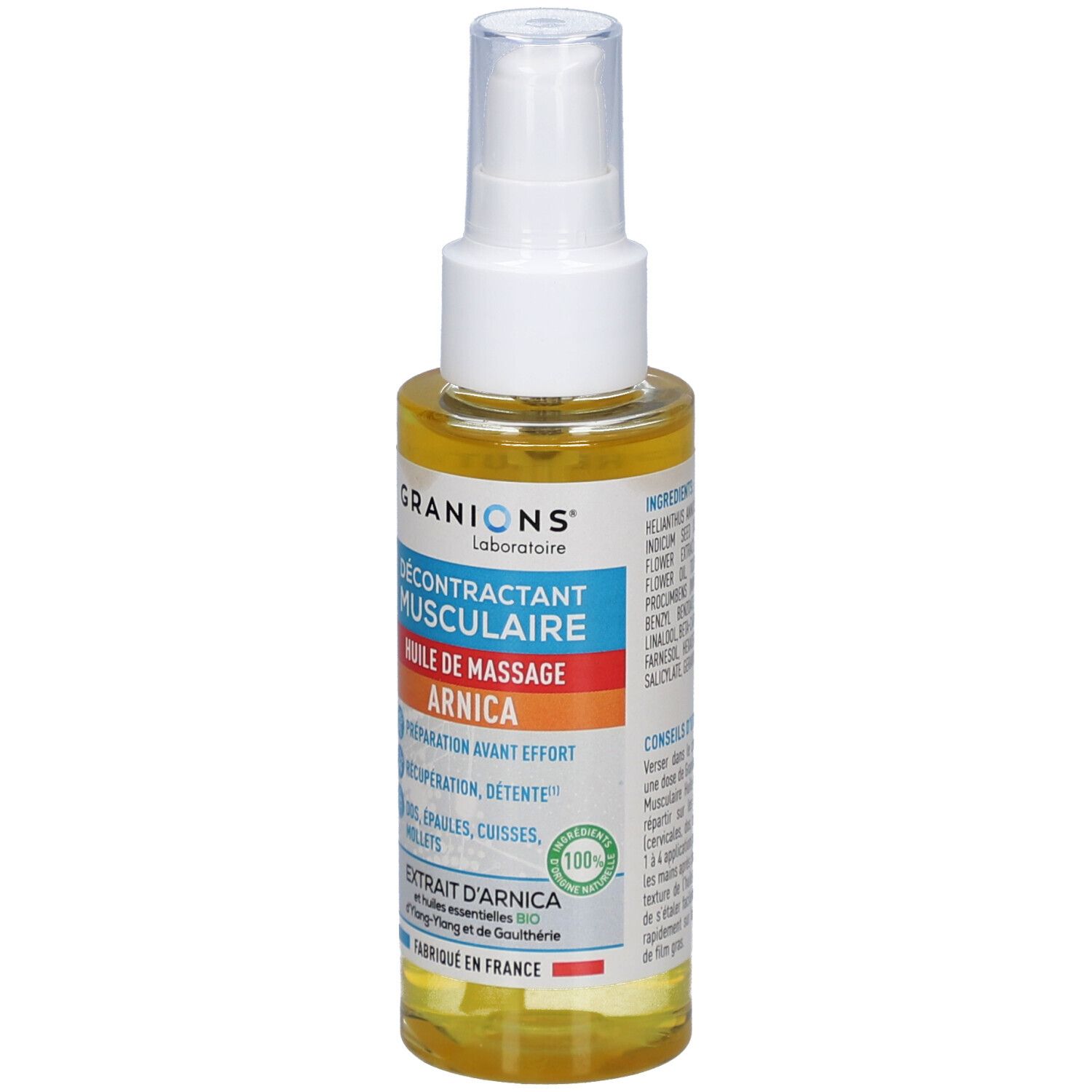 Olieflacon met verstuiver. Opschrift: Décontractant Musculaire Huile de Massage Arnica. Met Bio-certificering.