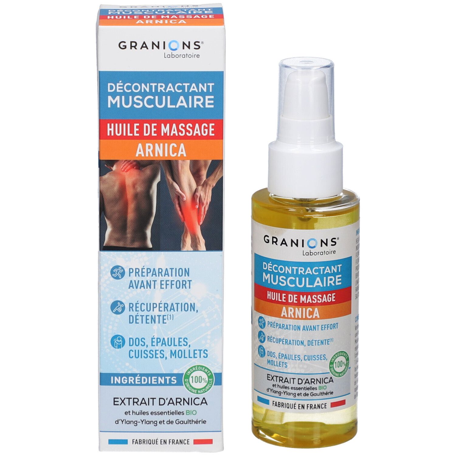 Productverpakking en oliefles. Opschrift: Décontractant Musculaire Huile de Massage Arnica. Met Bio-certificering.