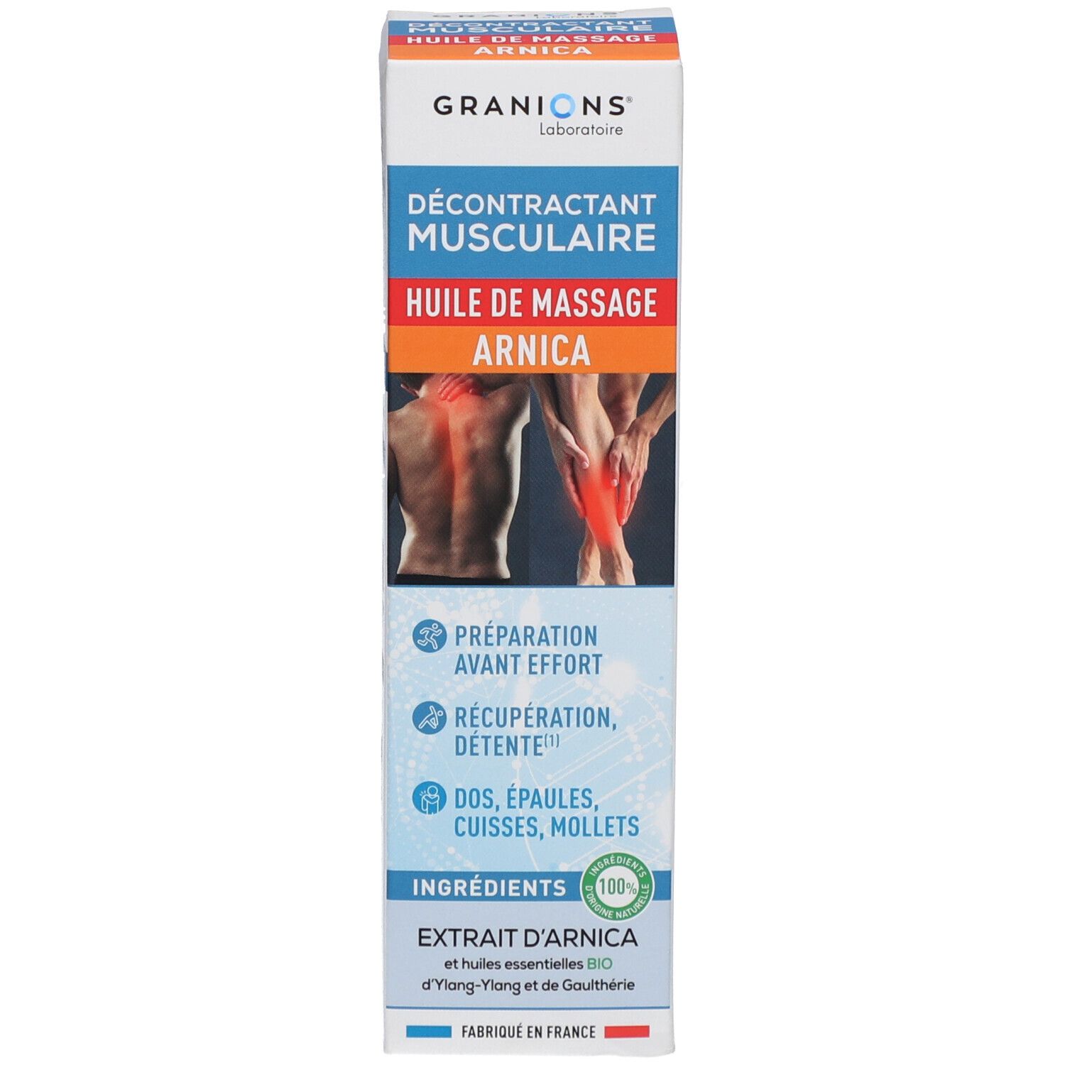 Productverpakking. Opschrift: Décontractant Musculaire Huile de Massage Arnica. Met Bio-certificering.