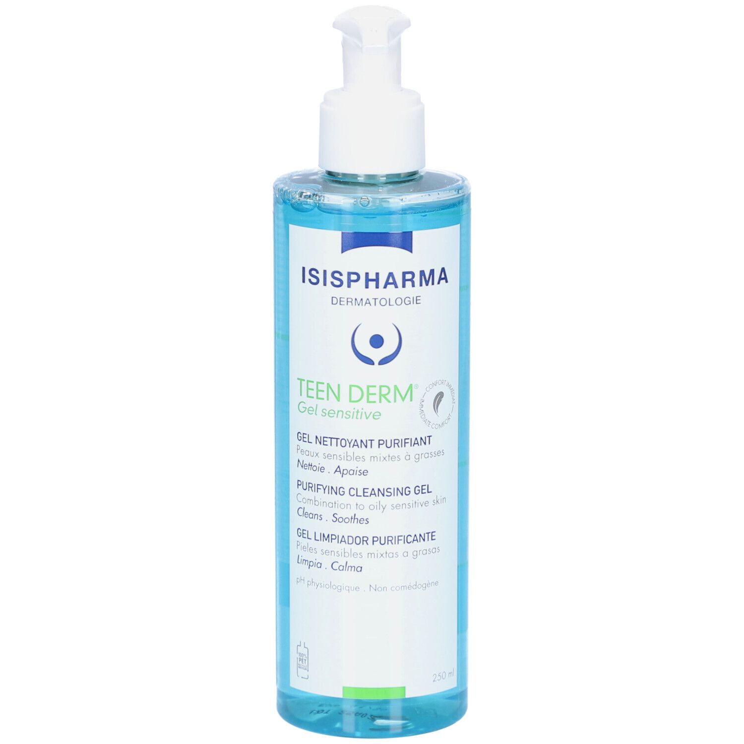 Flacon bleu transparent avec pompe blanche. Inscriptions: ISISPHARMA, Teen Derm Gel sensitive. Texte en français, anglais et espagnol.