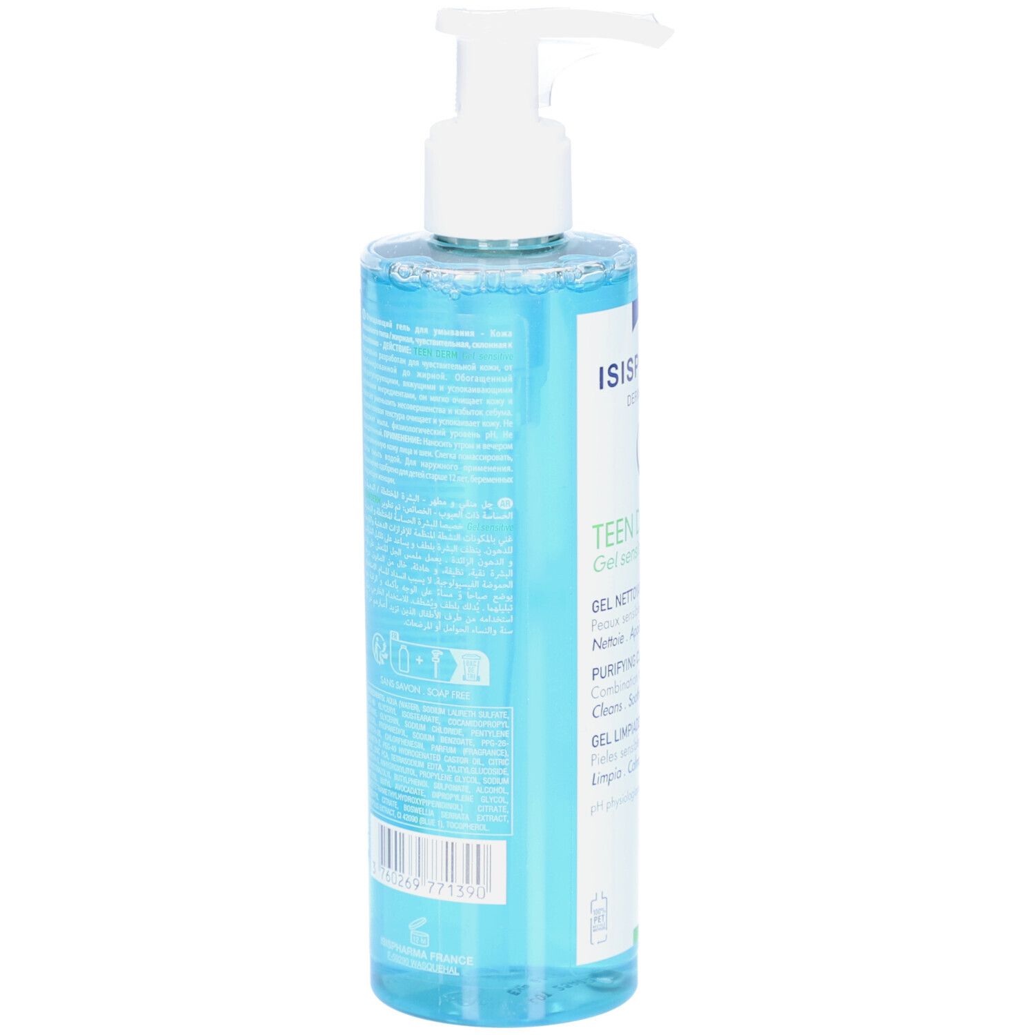 Dos d'un flacon bleu transparent avec texte. Code QR et code-barres. Inscription: Fabriqué en France.