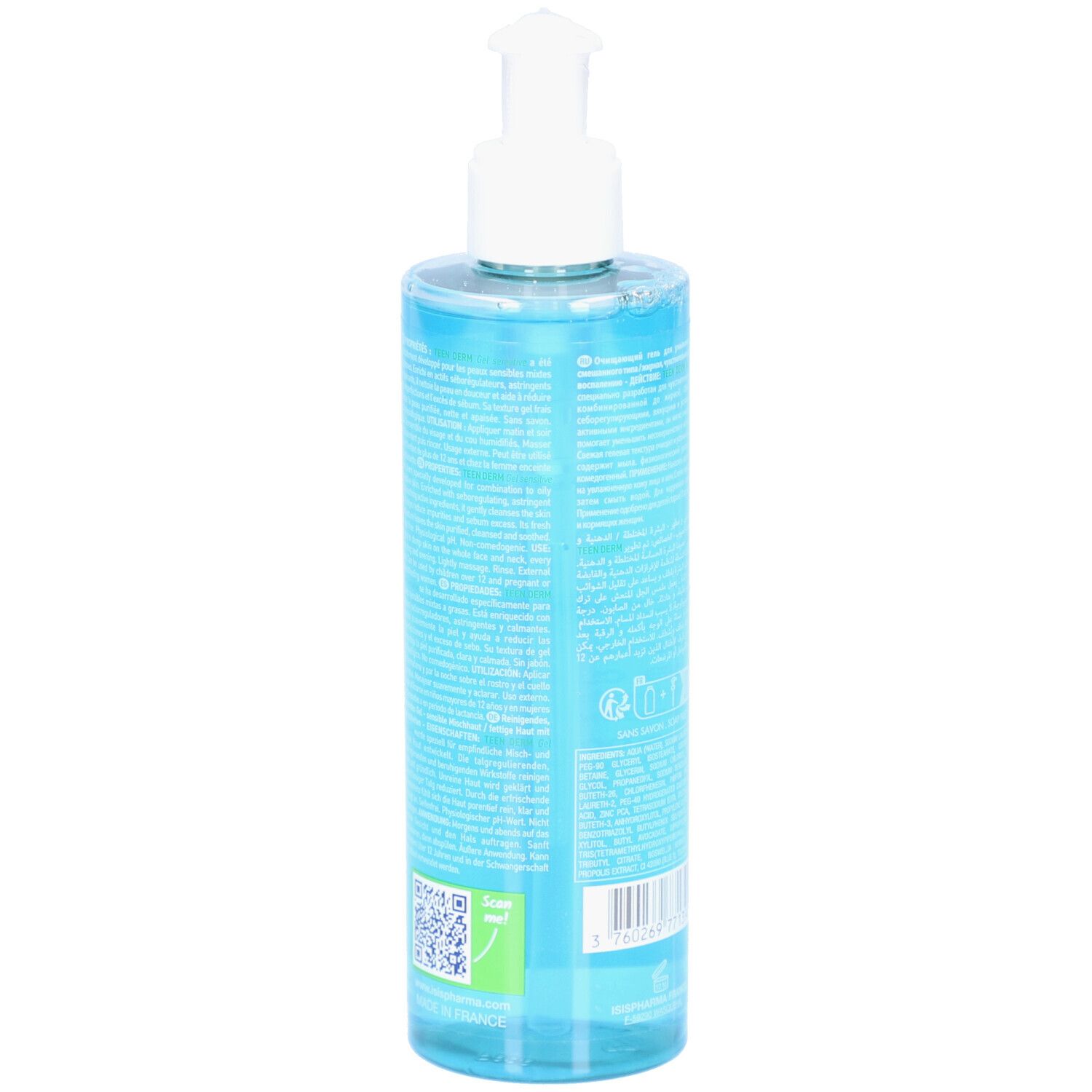 Dos d'un flacon bleu transparent avec texte. Code QR et code-barres. Inscription: Fabriqué en France.