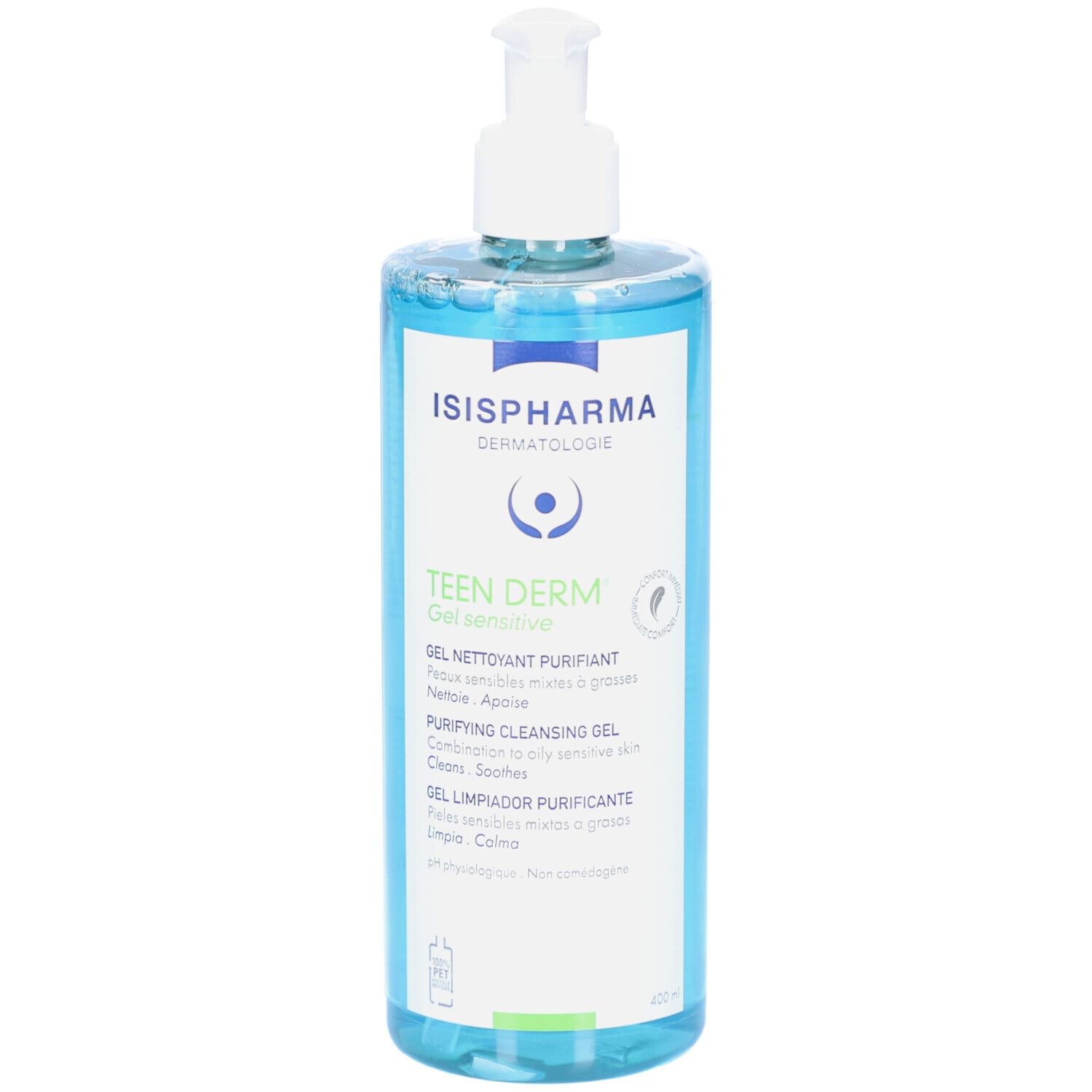 Flacon transparent avec gel bleu et pompe blanche. Inscriptions: ISISPHARMA, Teen Derm Gel Sensitive, Gel nettoyant.