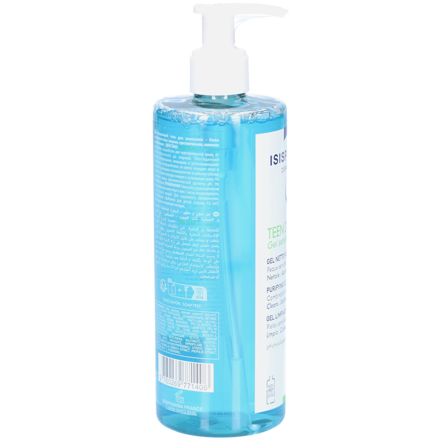 Dos du flacon avec gel bleu et pompe blanche. Texte multilingue. Code-barres et QR code.