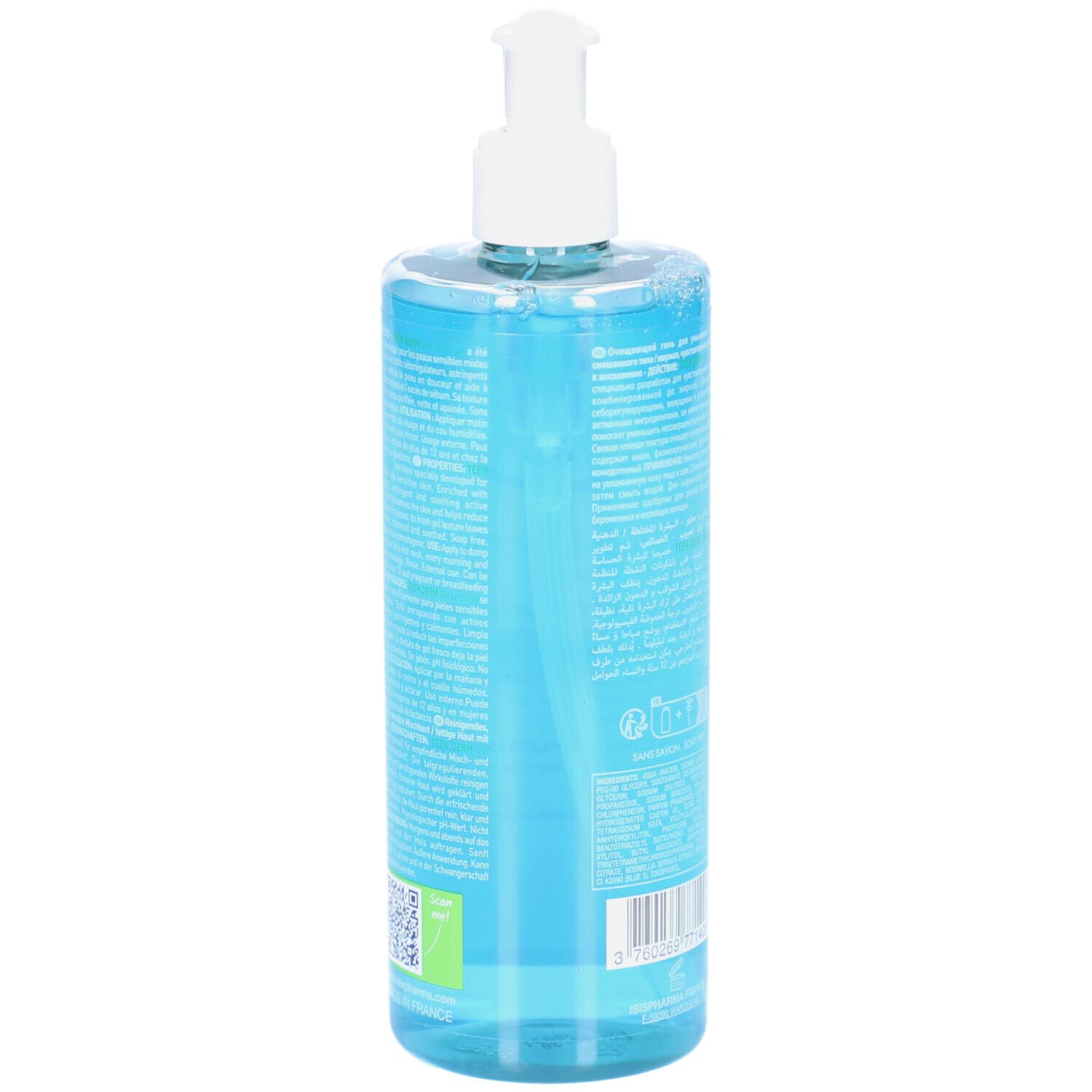 Dos du flacon avec gel bleu et pompe blanche. Texte multilingue. Code QR et indication de volume.