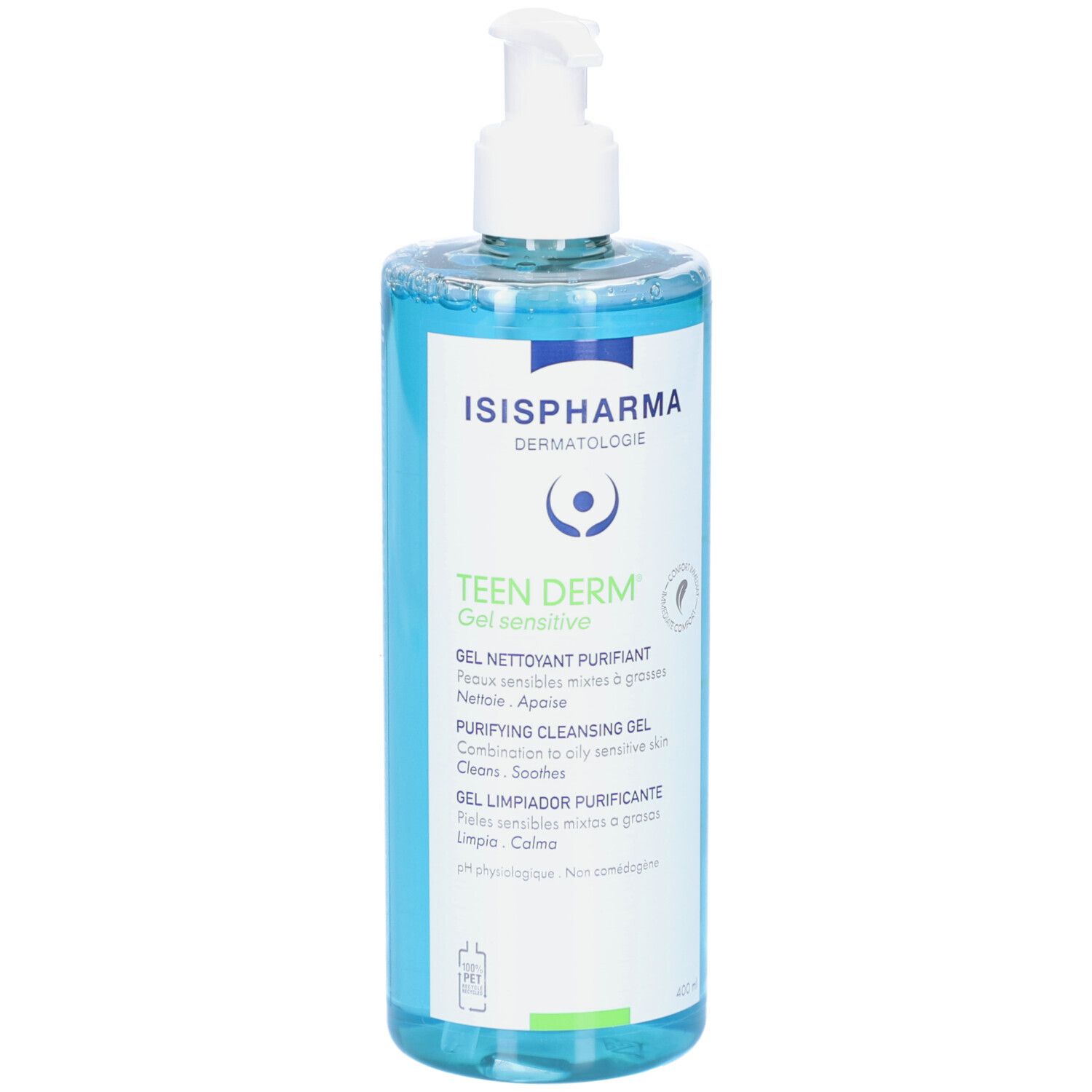Flacon transparent avec gel bleu et pompe blanche. Inscriptions: ISISPHARMA, Teen Derm Gel Sensitive, Gel nettoyant.