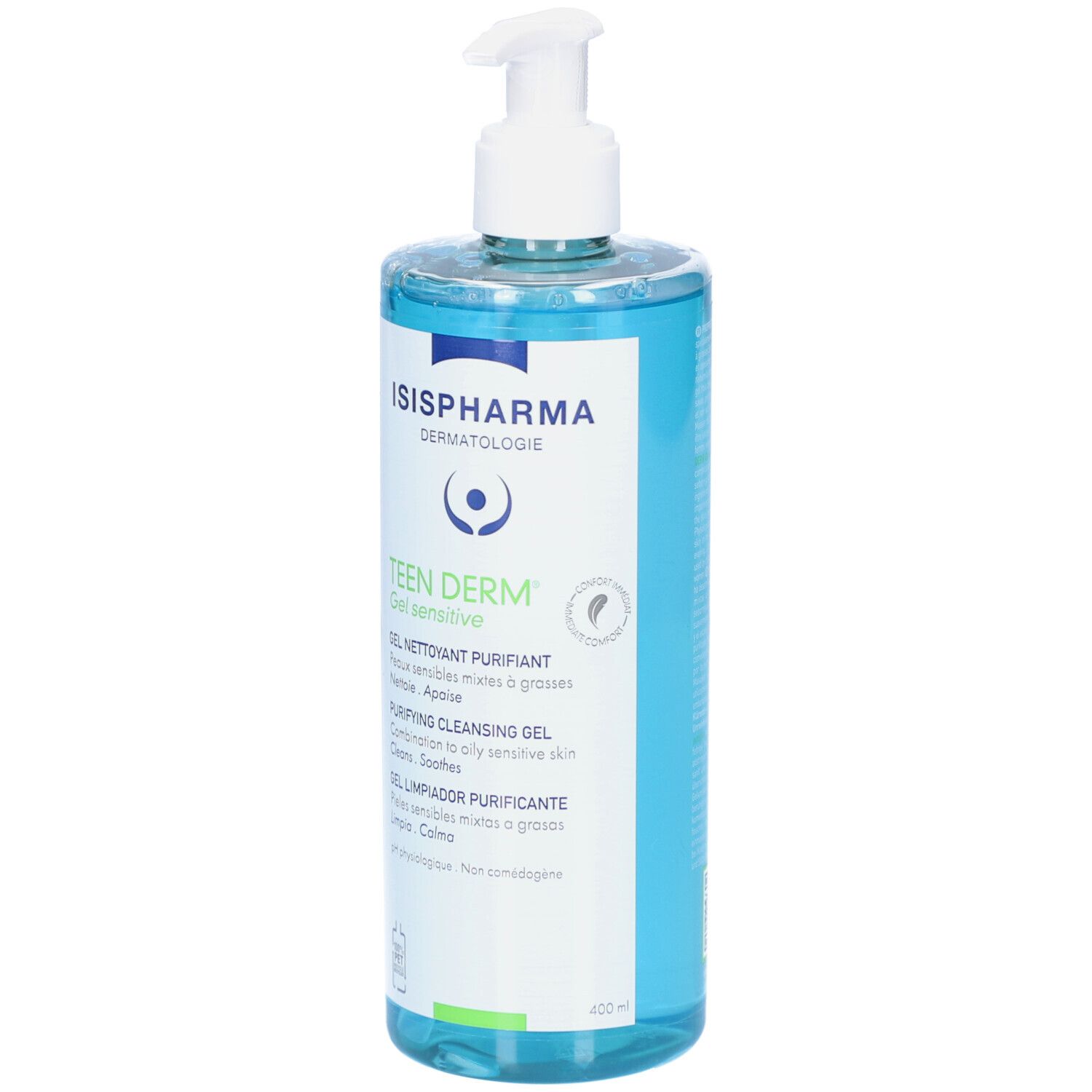 Flacon transparent avec gel bleu et pompe blanche. Inscriptions: ISISPHARMA, Teen Derm Gel Sensitive, Gel nettoyant. Volume.