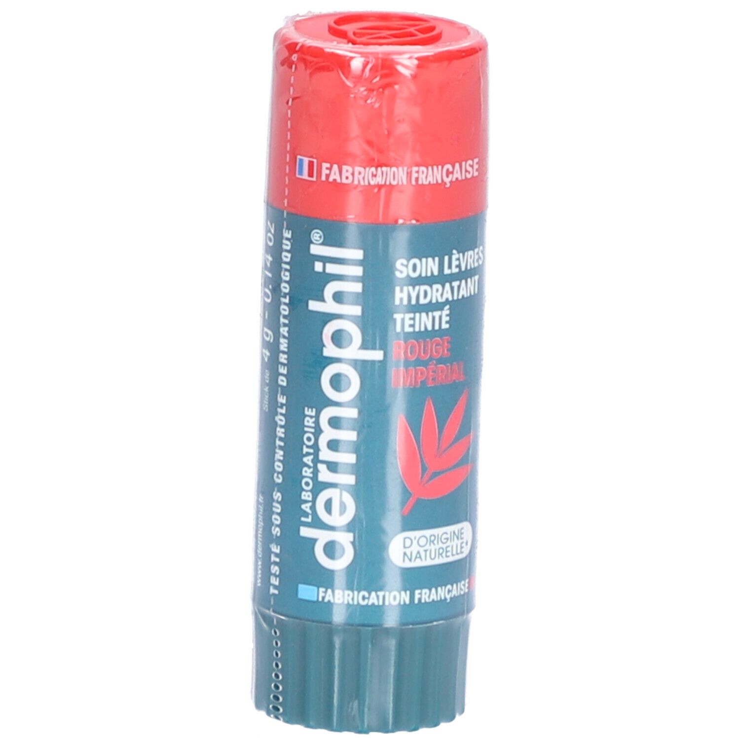 Lipbalsem-stick. Rode dop, groene body. Opschrift: dermophil, Soin Lèvres, Teinté Rouge Imperial.