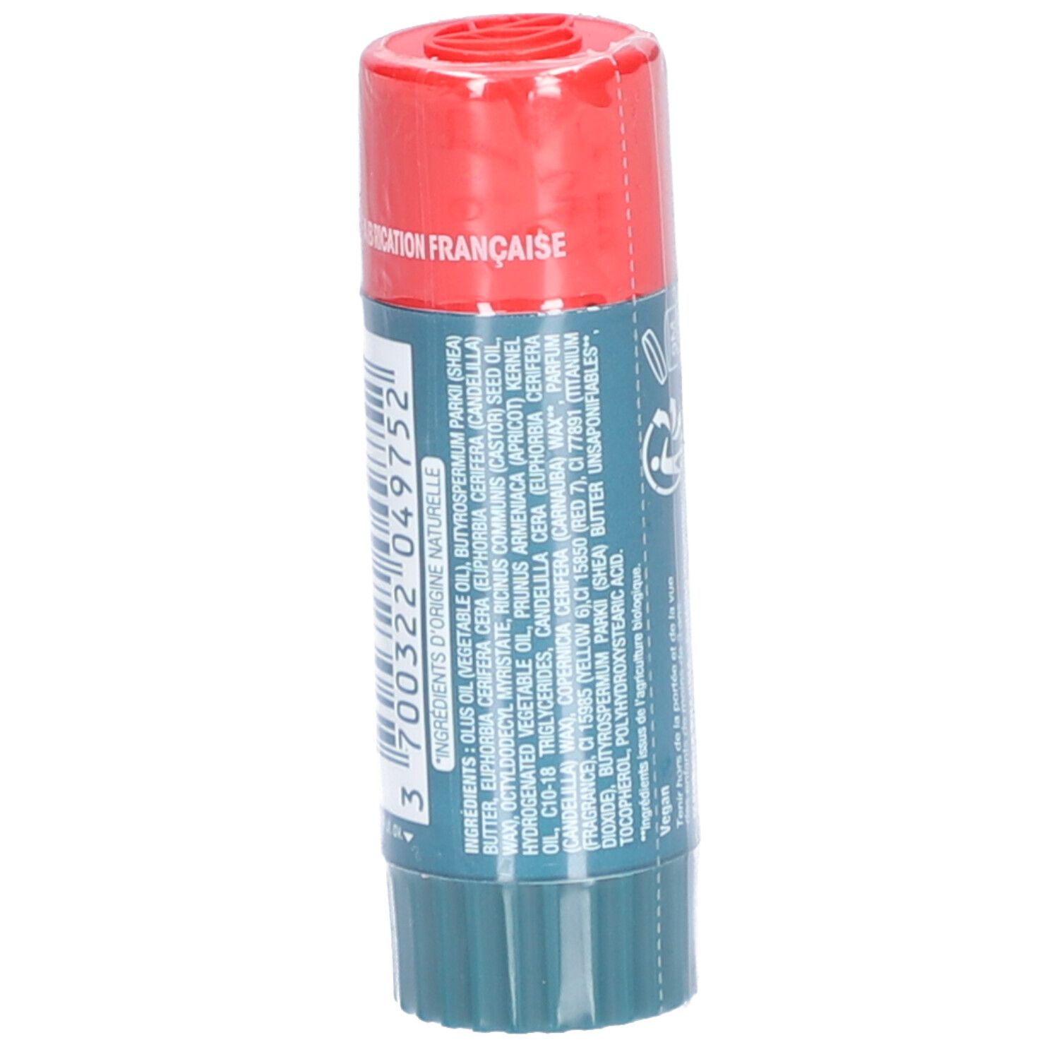 Lipbalsem-stick. Rode dop, groene body. Achterkant met ingrediënten en informatie. Vegan.