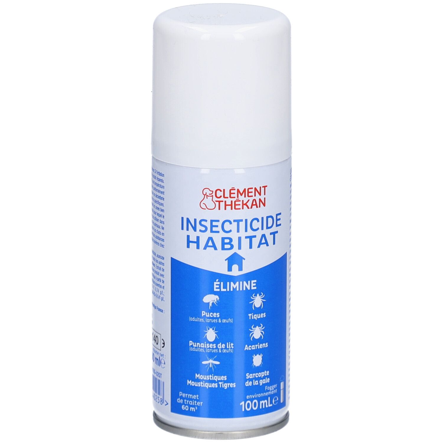 Aérosol blanc avec étiquette bleue. Inscription: INSECTICIDE HABITAT, Élimine: puces, tiques, punaises de lit, acariens, moustiques, tigres, sarcopte.