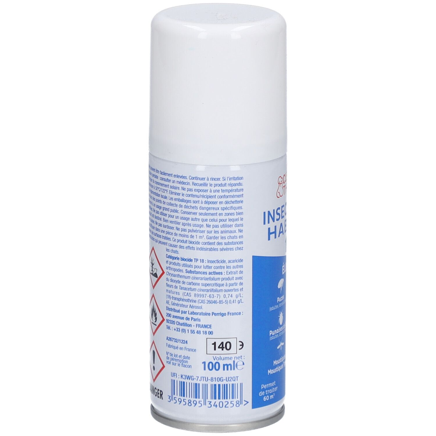 Dos de l'aérosol blanc. Contient des informations sur les ingrédients, les avertissements de danger et les coordonnées du fabricant. Volume: 100 ml.