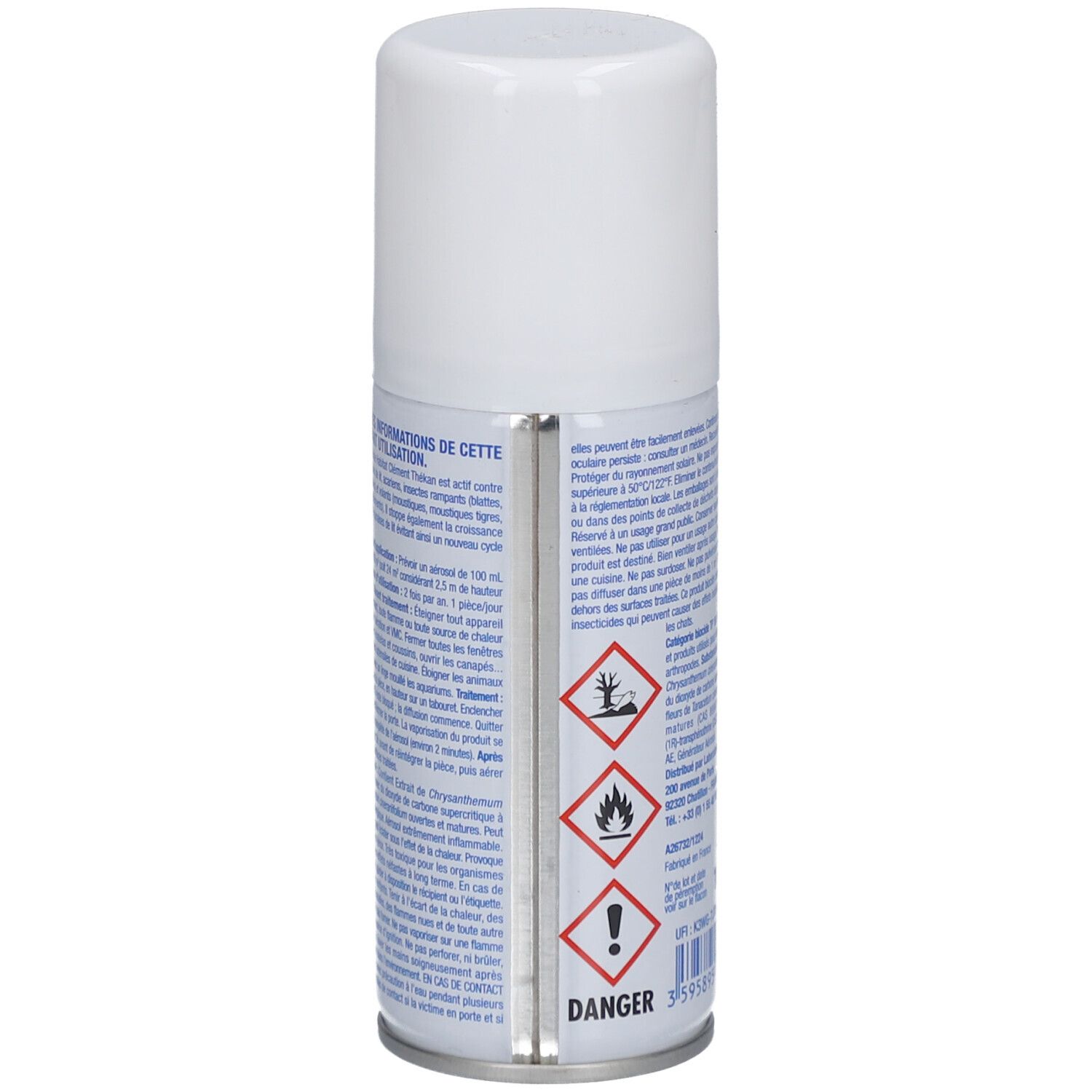 Dos de l'aérosol blanc. Symboles de danger: dangereux pour l'environnement, inflammable, irritant. Contient des avertissements et des précautions.