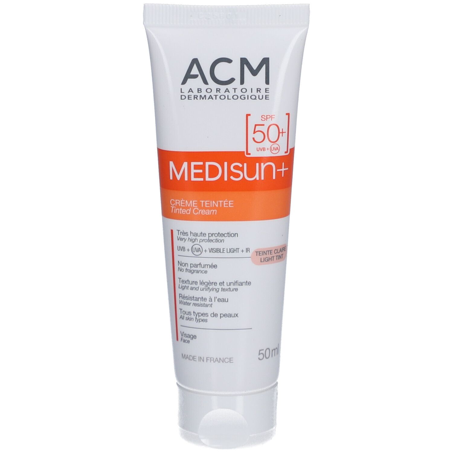 Crèmetube Medisun+ SPF 50+ van ACM. Getinte crème, zeer hoge bescherming. Inhoud 50ml.
