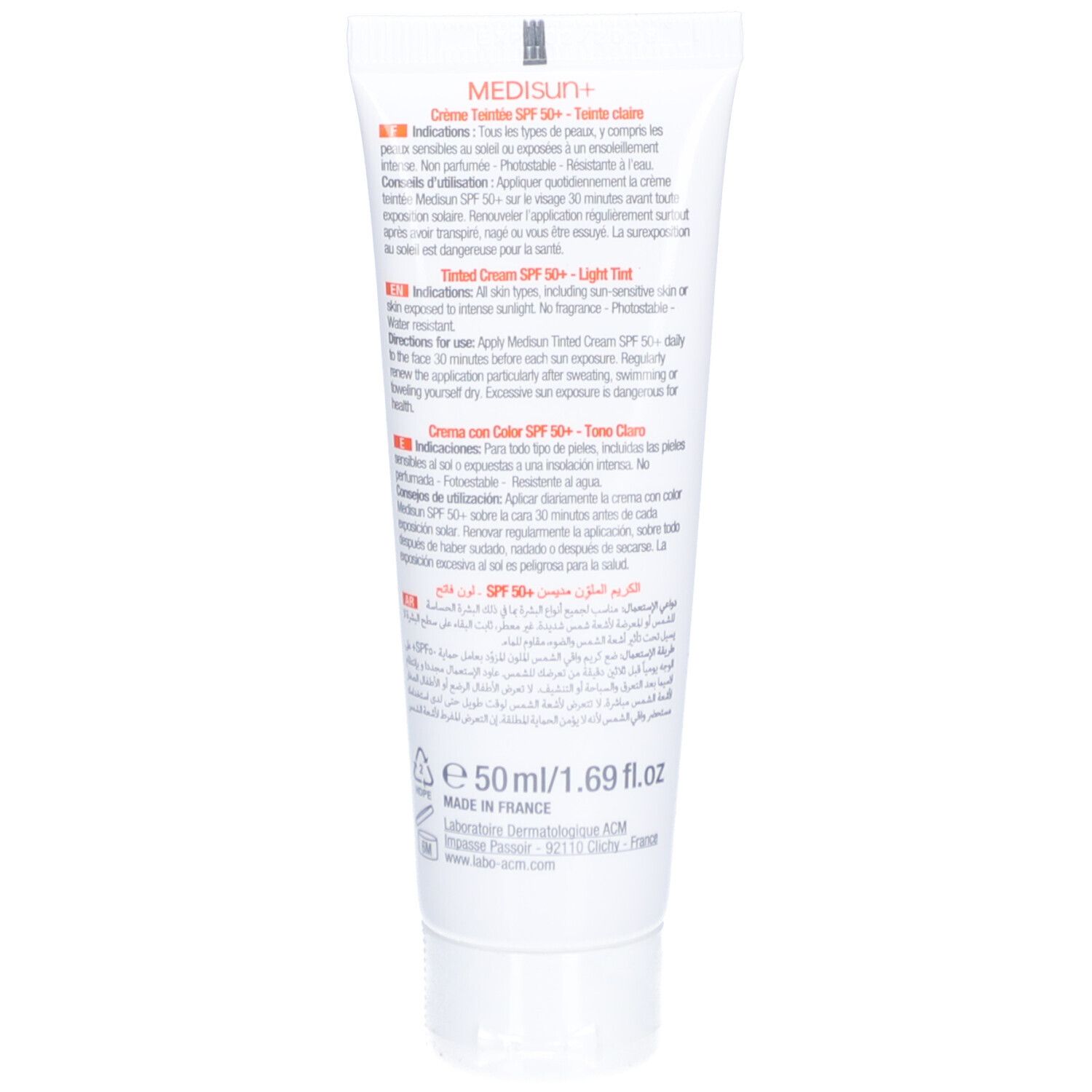 Achterkant van de crèmetube. Productinformatie in meerdere talen. Merk ACM, naam Medisun+ SPF 50+. Inhoud 50ml.