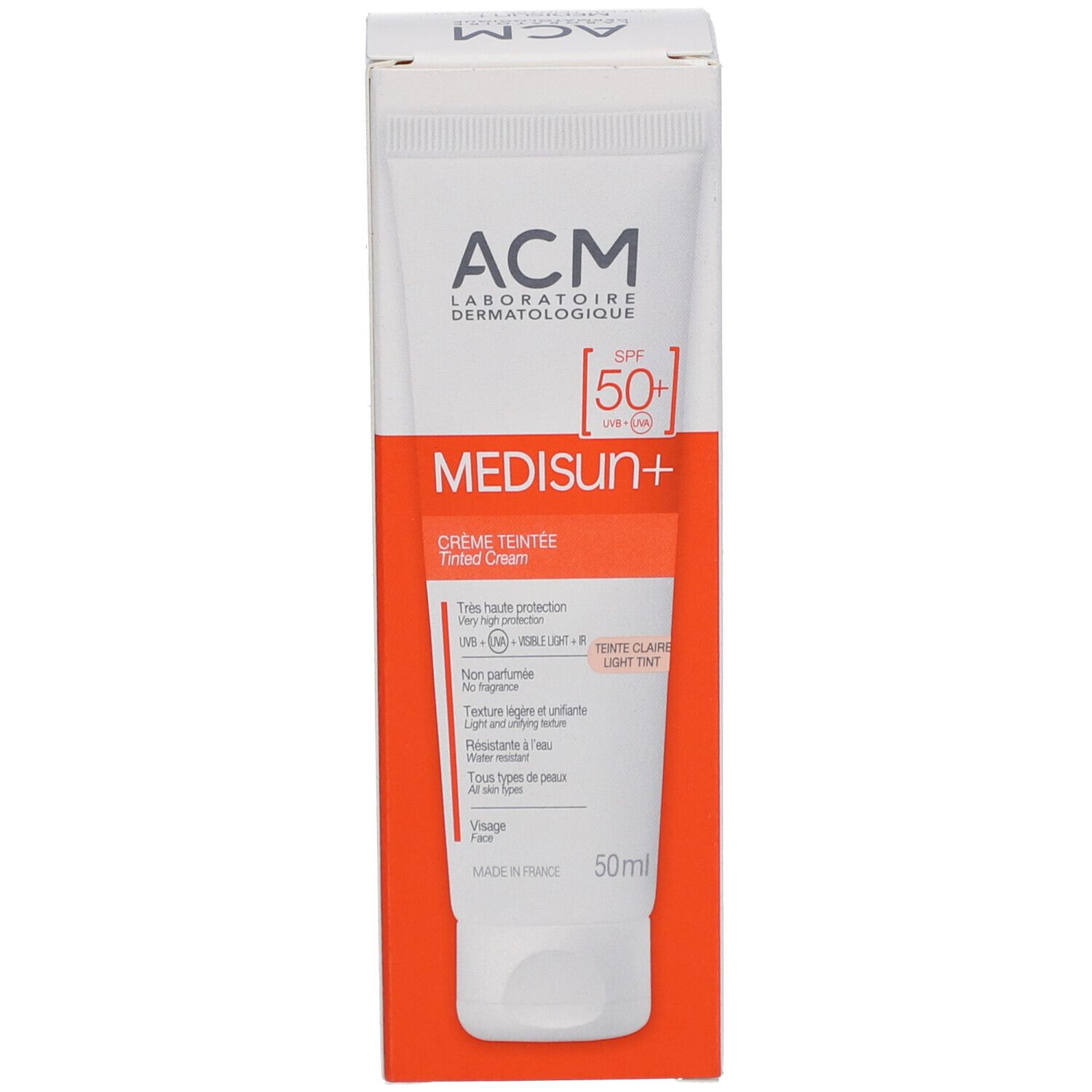 Productverpakking: tube en doos. Merk ACM, naam Medisun+ SPF 50+. Getinte crème. Inhoud 50ml.