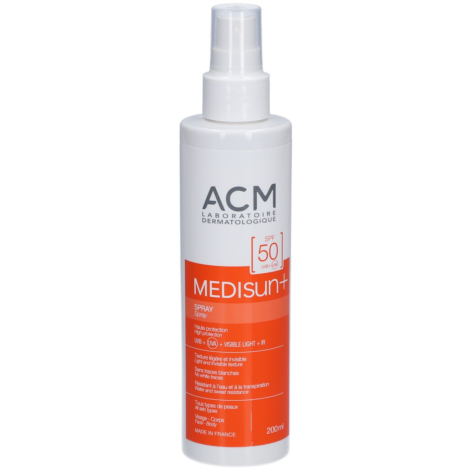 Witte zonnebrandspray met sproeikop. Oranje strook met tekst. Merk: ACM Medisun+ SPF 50.